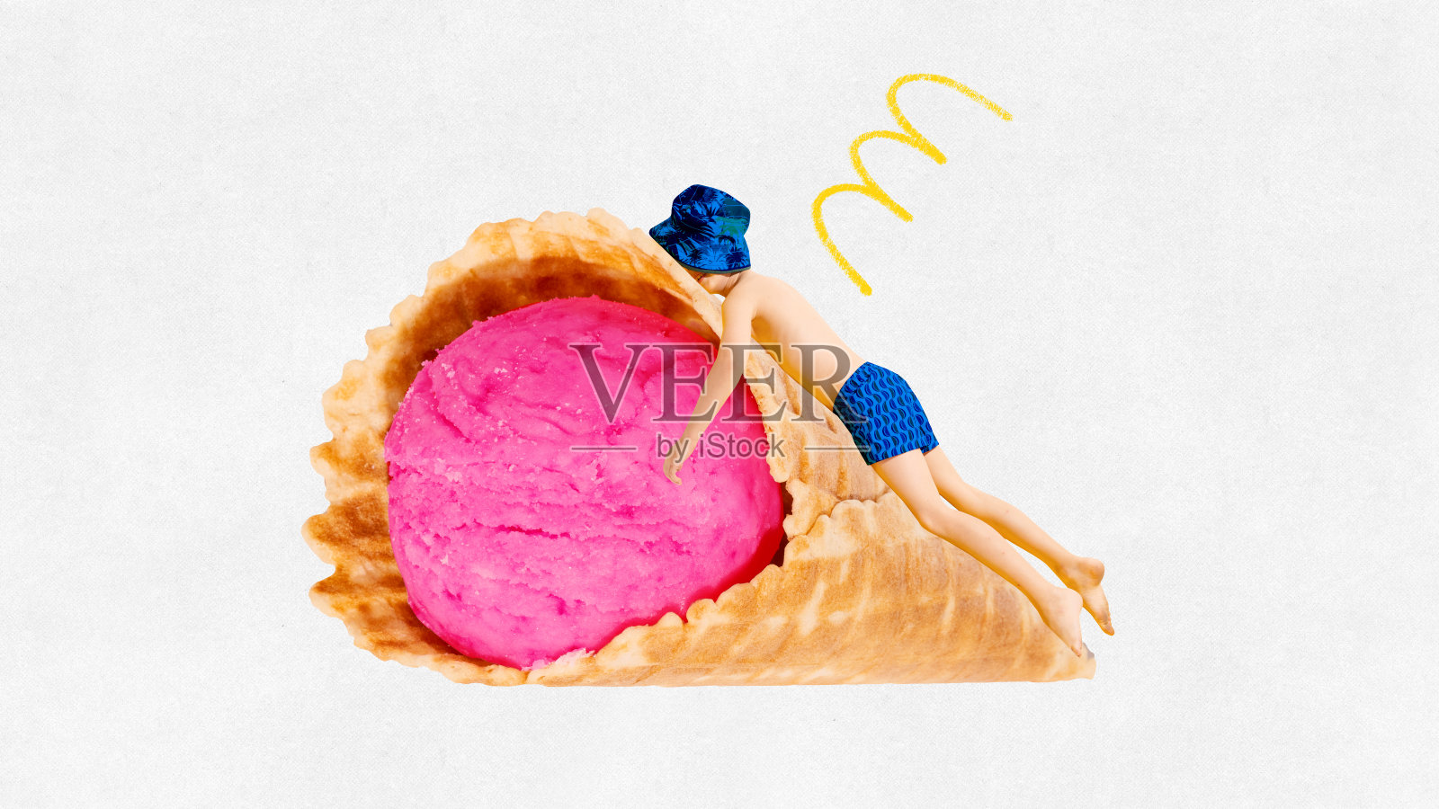 海报。当代艺术拼贴。小男孩戴着帽子，躺在巨大的冰激凌角上晒太阳。照片摄影图片