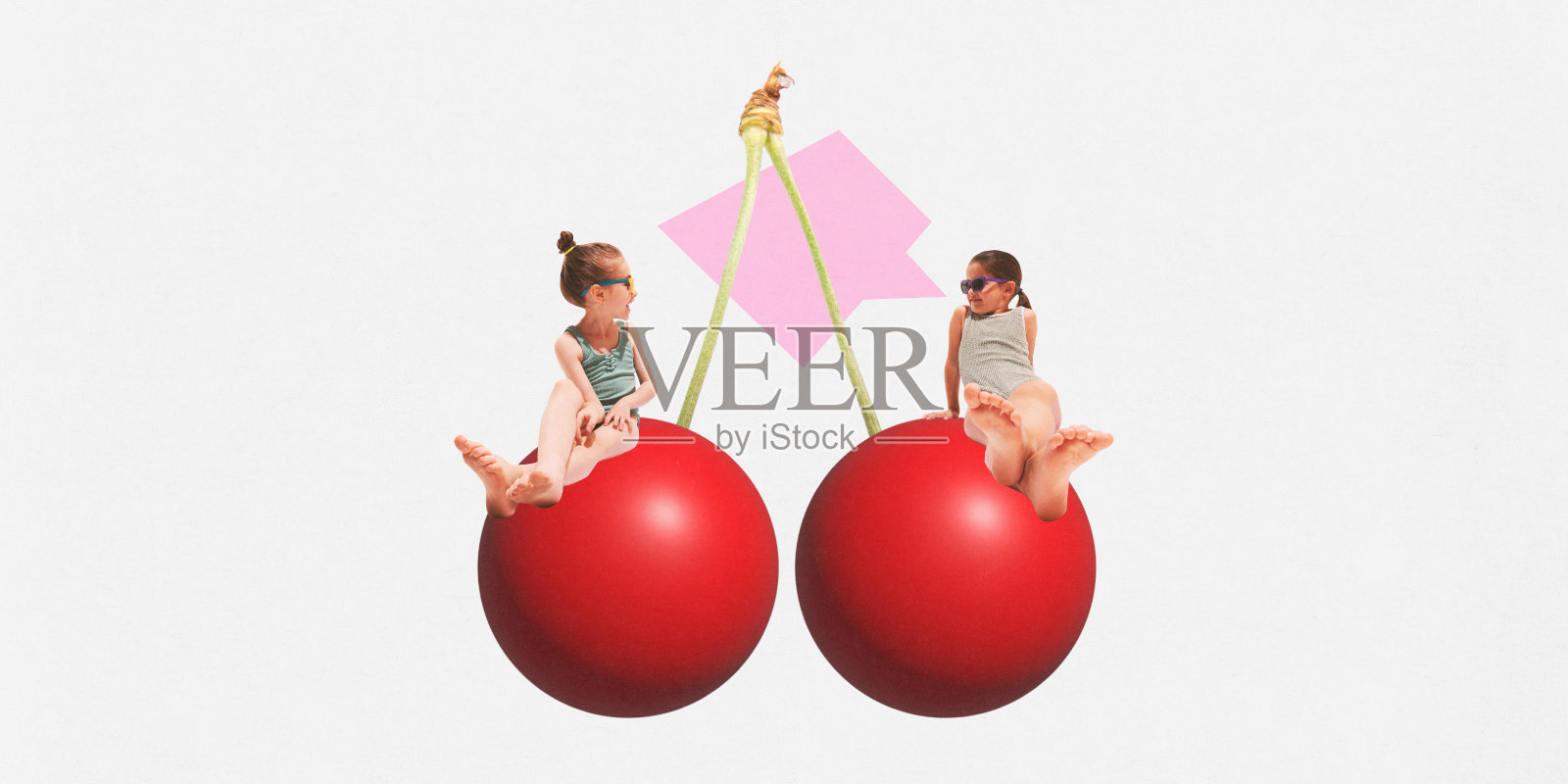 海报。当代艺术拼贴。小女孩们穿着泳装，躺在甜美的红色3D樱桃上，在白色的背景下交谈。照片摄影图片