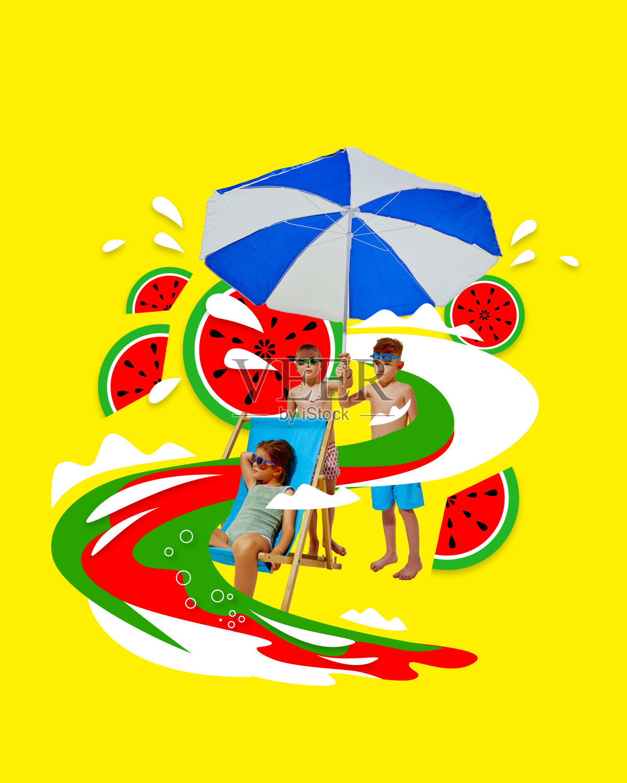 海报。当代艺术拼贴。女孩躺在椅子上，她的朋友为她撑着伞，周围是好玩的西瓜和五颜六色的波浪。照片摄影图片