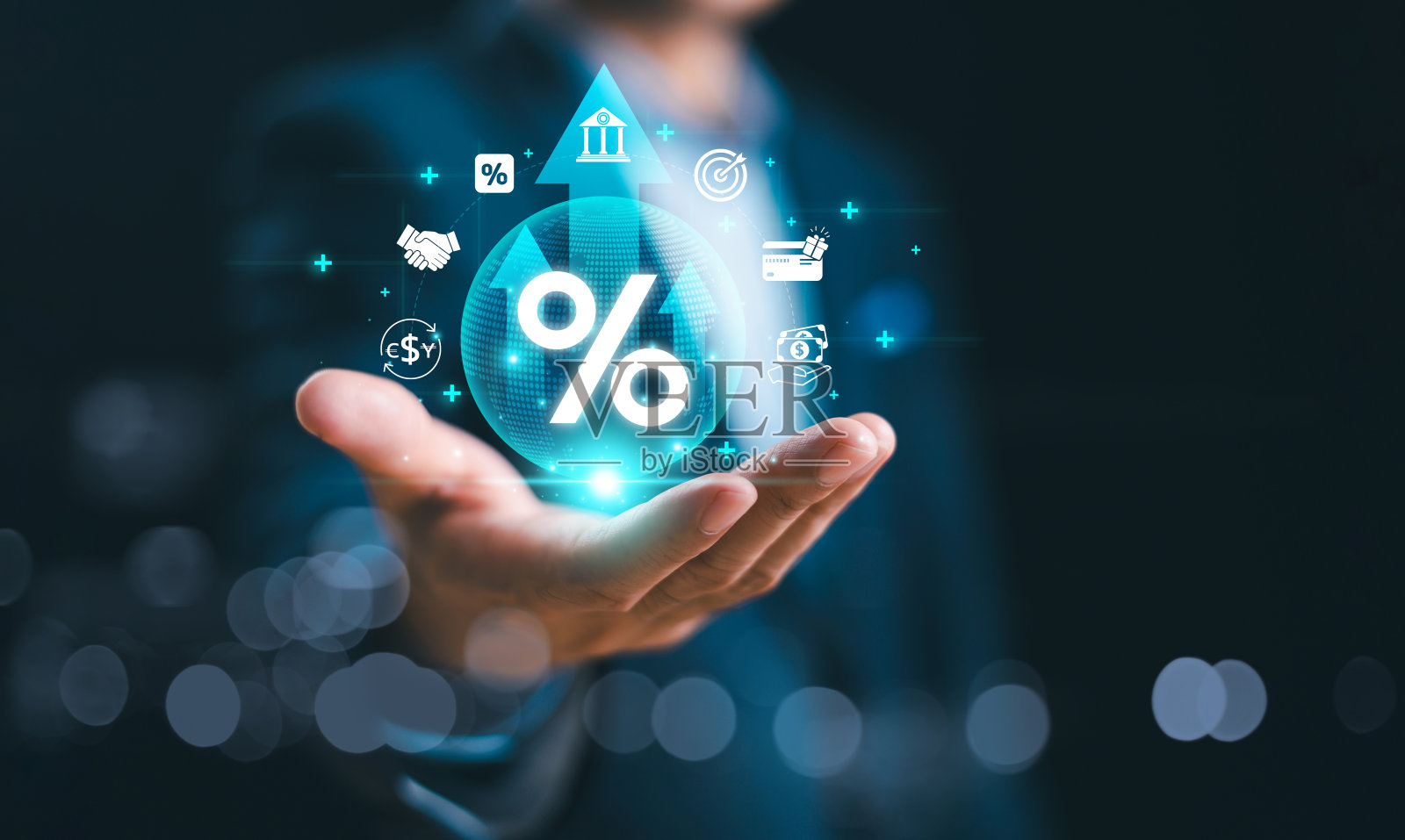 利率增加概念，钱百分比佣金信贷。银行政策涨价。商人用箭头向上，百分比符号，金融银行增加。业务高回报业绩照片摄影图片