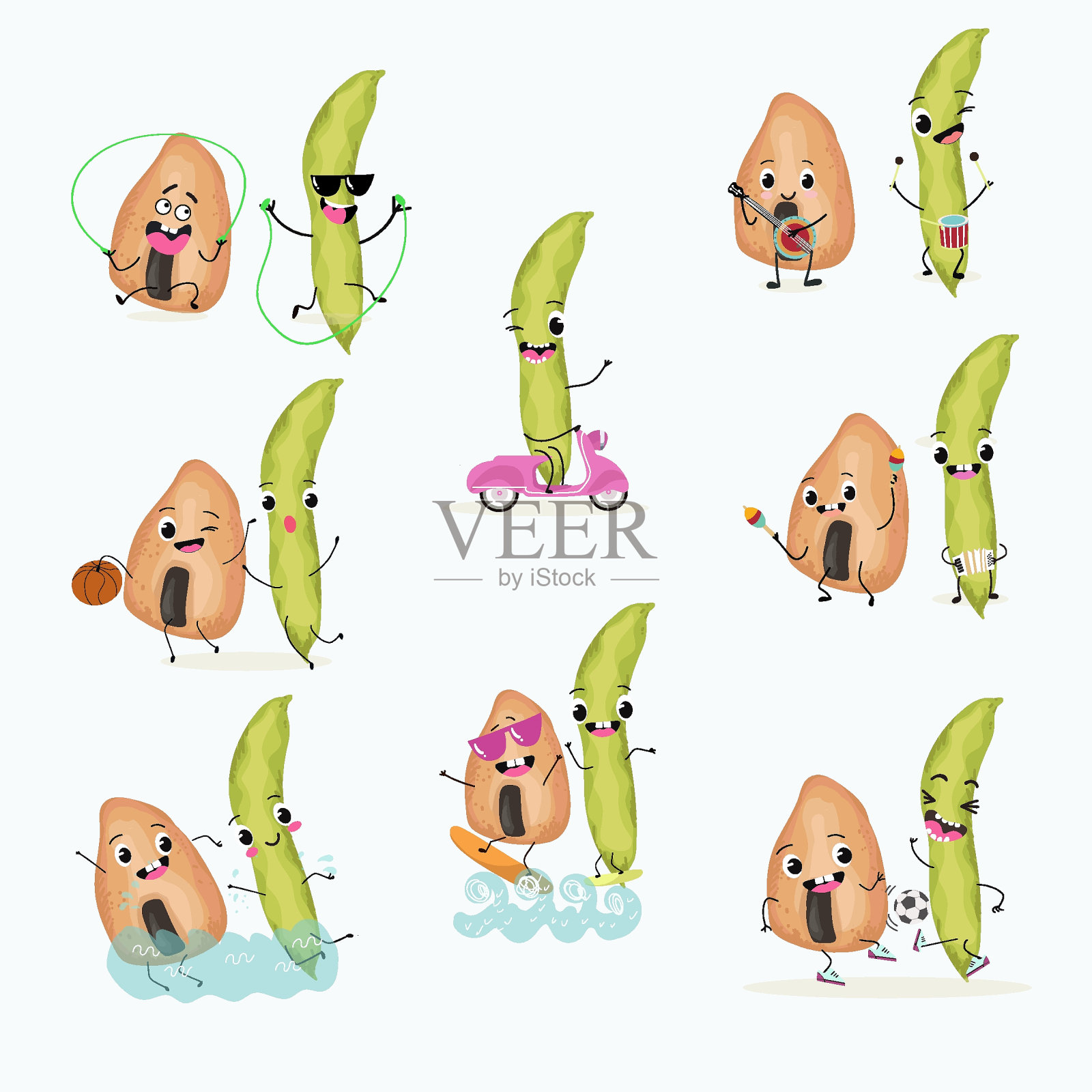 萌蚕豆，蚕豆，生蚕豆，蚕豆，蚕豆，蚕豆人物集，集合。平面矢量插图。活动，演奏乐器，运动，有趣的坚果。插画图片素材