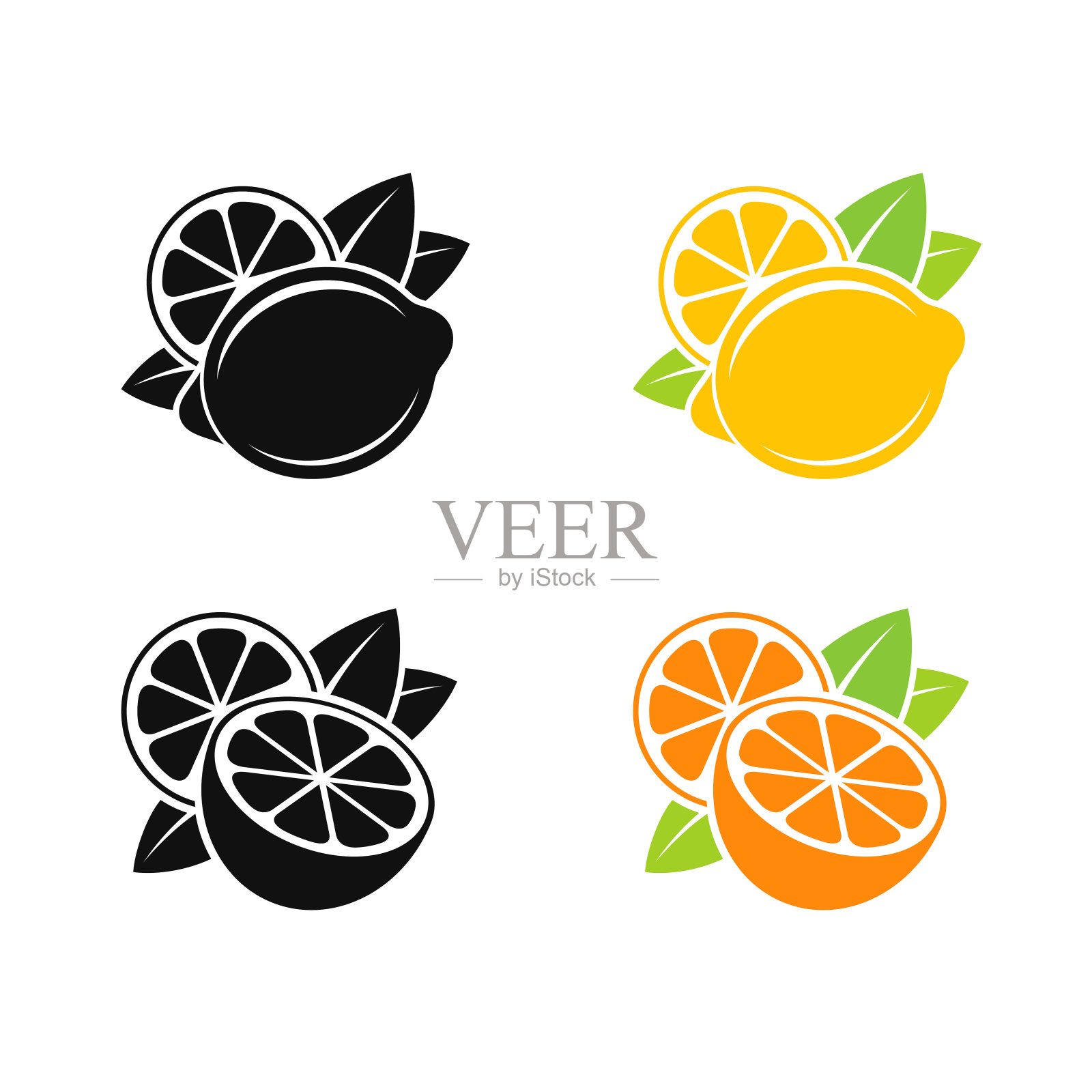 有叶子的柑橘类水果。分离柠檬和橙子插画图片素材