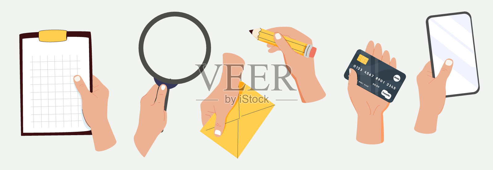 手势插图集。角色手竖起大拇指，握手，拿着智能手机，铅笔等插画图片素材