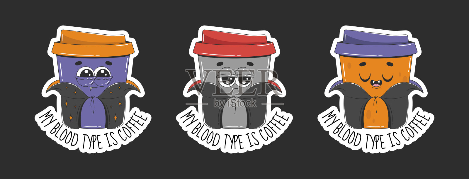 一套时尚复古时髦的咖啡贴纸。我的血型是咖啡印刷，横幅，设计，海报。万圣节矢量插图在60 -70年代的卡通风格。插画图片素材