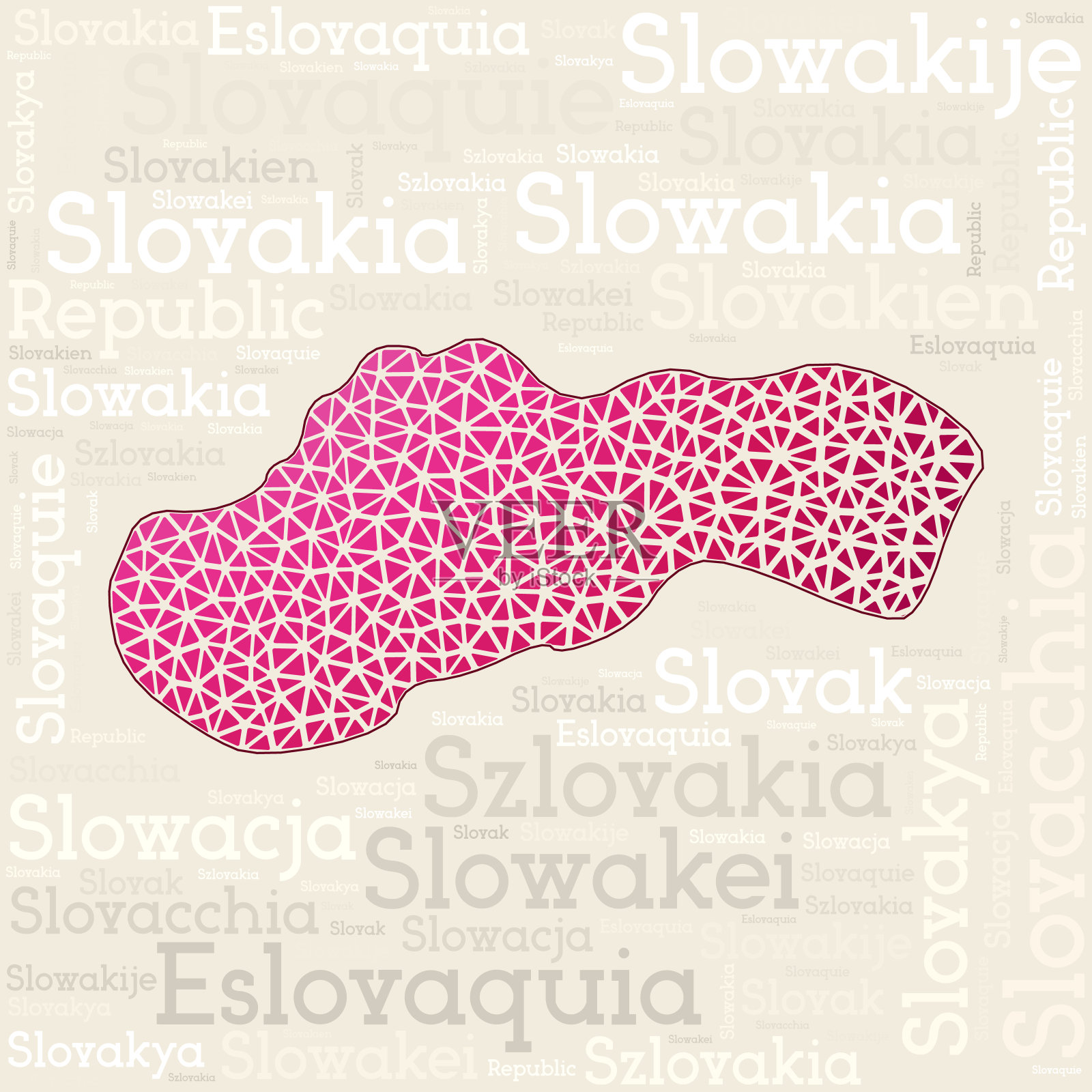 斯洛伐克地图设计。国家名称在不同的语言和地图形状与几何低多边形三角形。斯洛伐克的真实矢量插图。插画图片素材