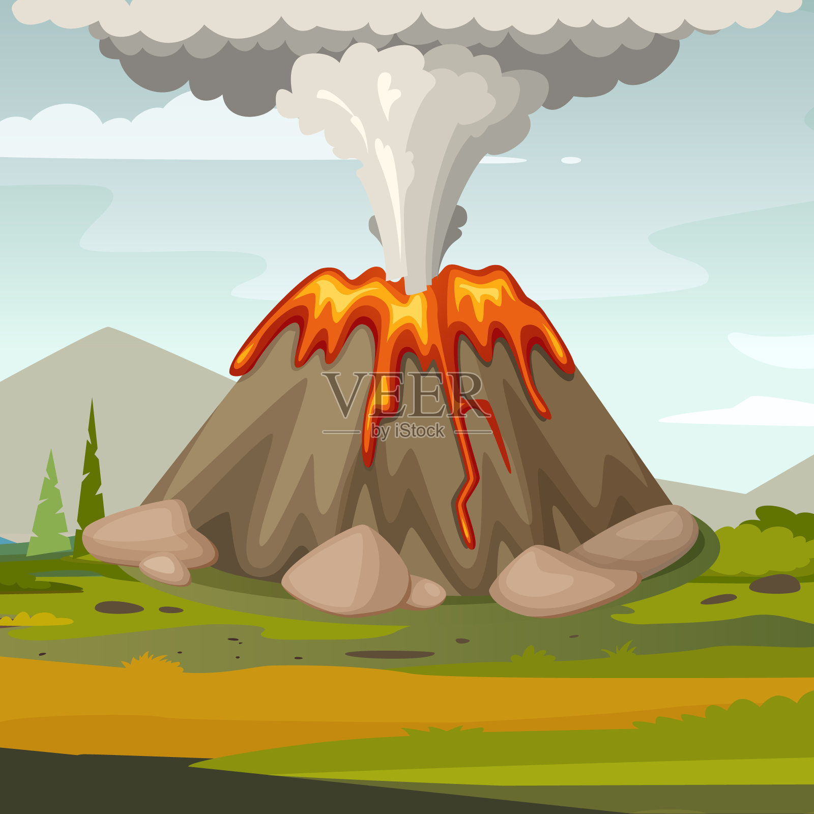 火山。卡通背景插图与活火山爆发熔岩插画图片素材
