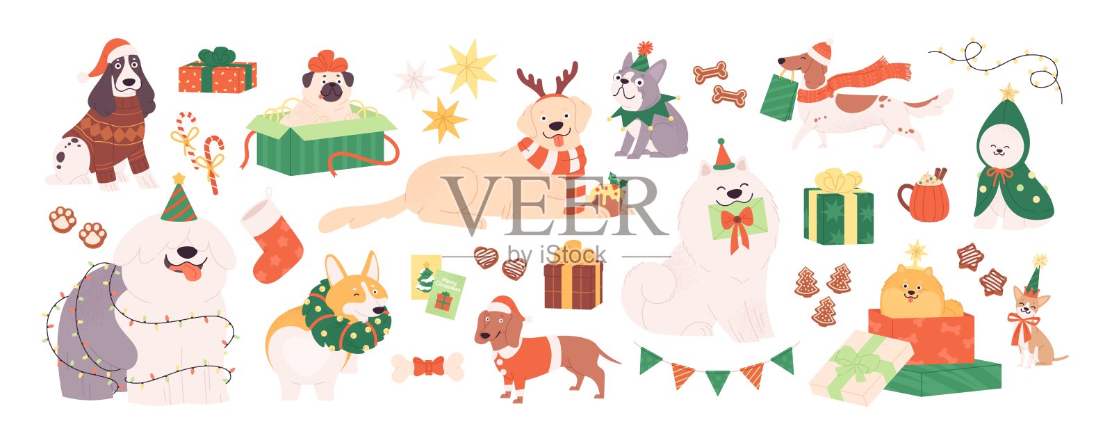 圣诞狗狗。穿着新年服装和配饰的搞笑派对小狗。寒假人物，可爱的狗贴纸活泼的矢量剪贴画插画图片素材