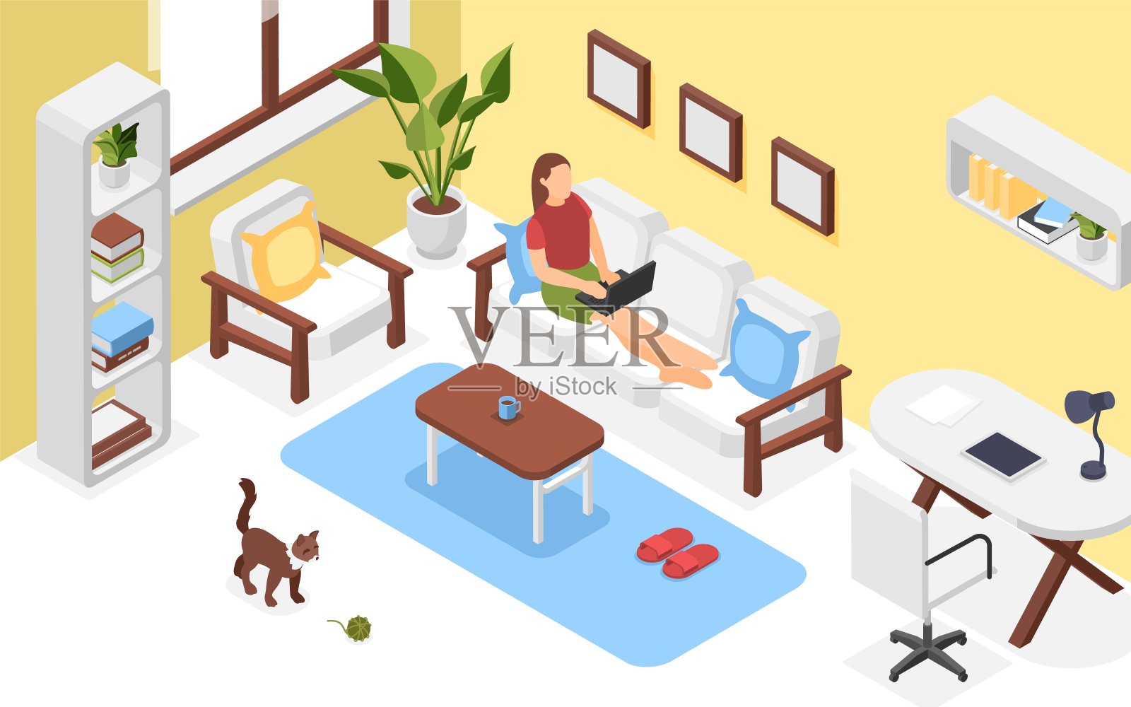 等距自由职业者工作。女性坐在沙发上用笔记本电脑工作。周末打工，商务女性上网。舒适完美的矢量场景插画图片素材