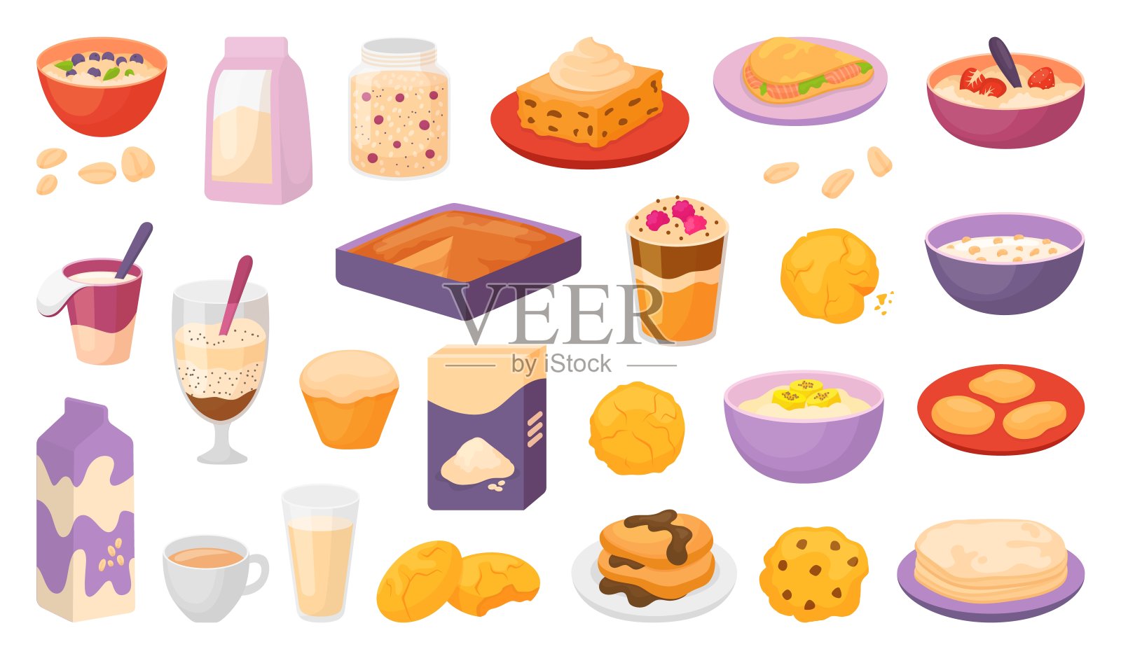 卡通燕麦食品。谷物和燕麦片盒，面粉，冰沙和植物饮料牛奶。粥在碗，饼干与巧克力，近代矢量剪贴画插画图片素材