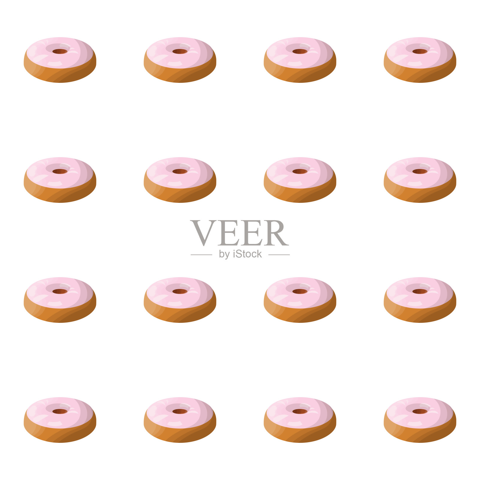 带粉色釉的甜甜圈。用粉色油酥皮装饰的圆形黄油甜糕点。美味的美国国家甜点。无缝模式。白色插画图片素材