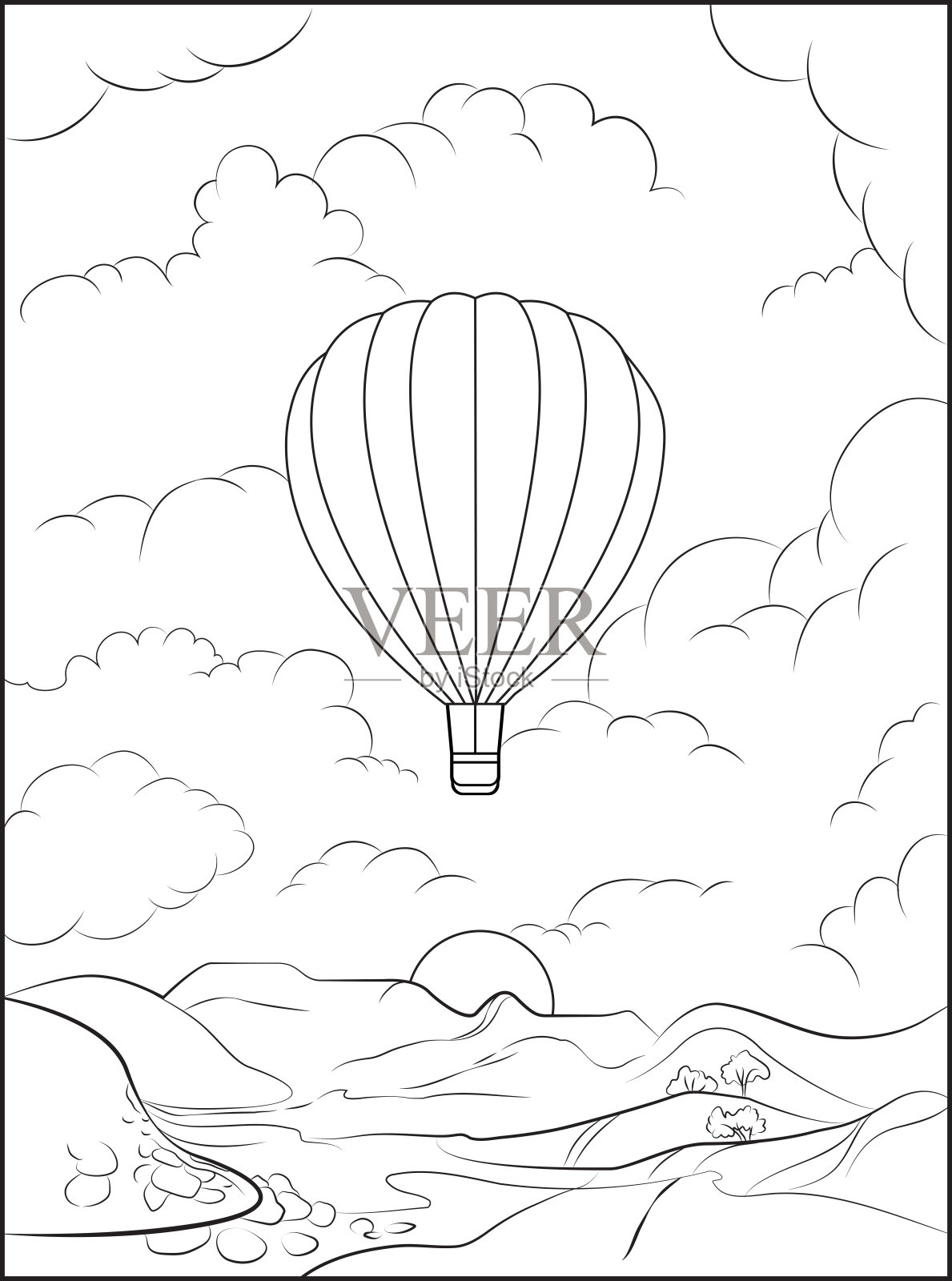 插图黑色和白色的颜色与一个热气球在云层上的山矢量为成人和儿童插画图片素材