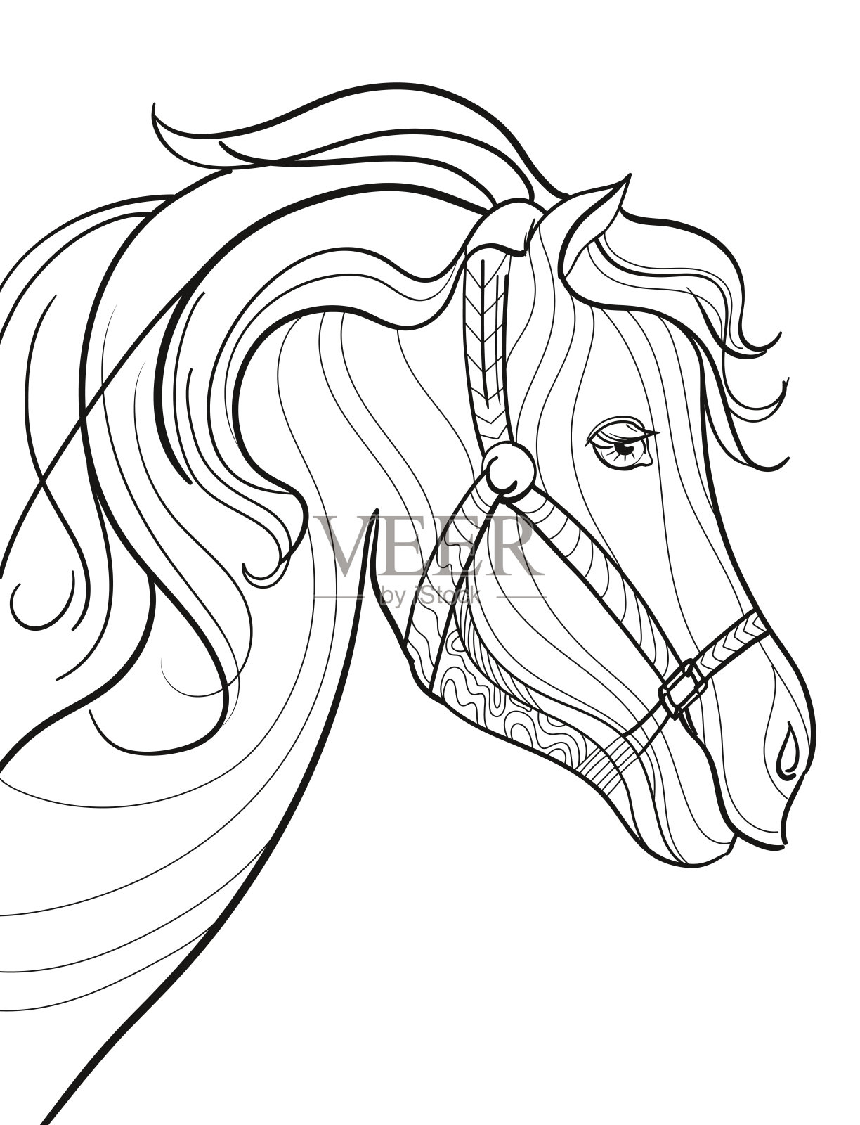 插图的黑白抗压力着色书与一个马头在矢量插画图片素材