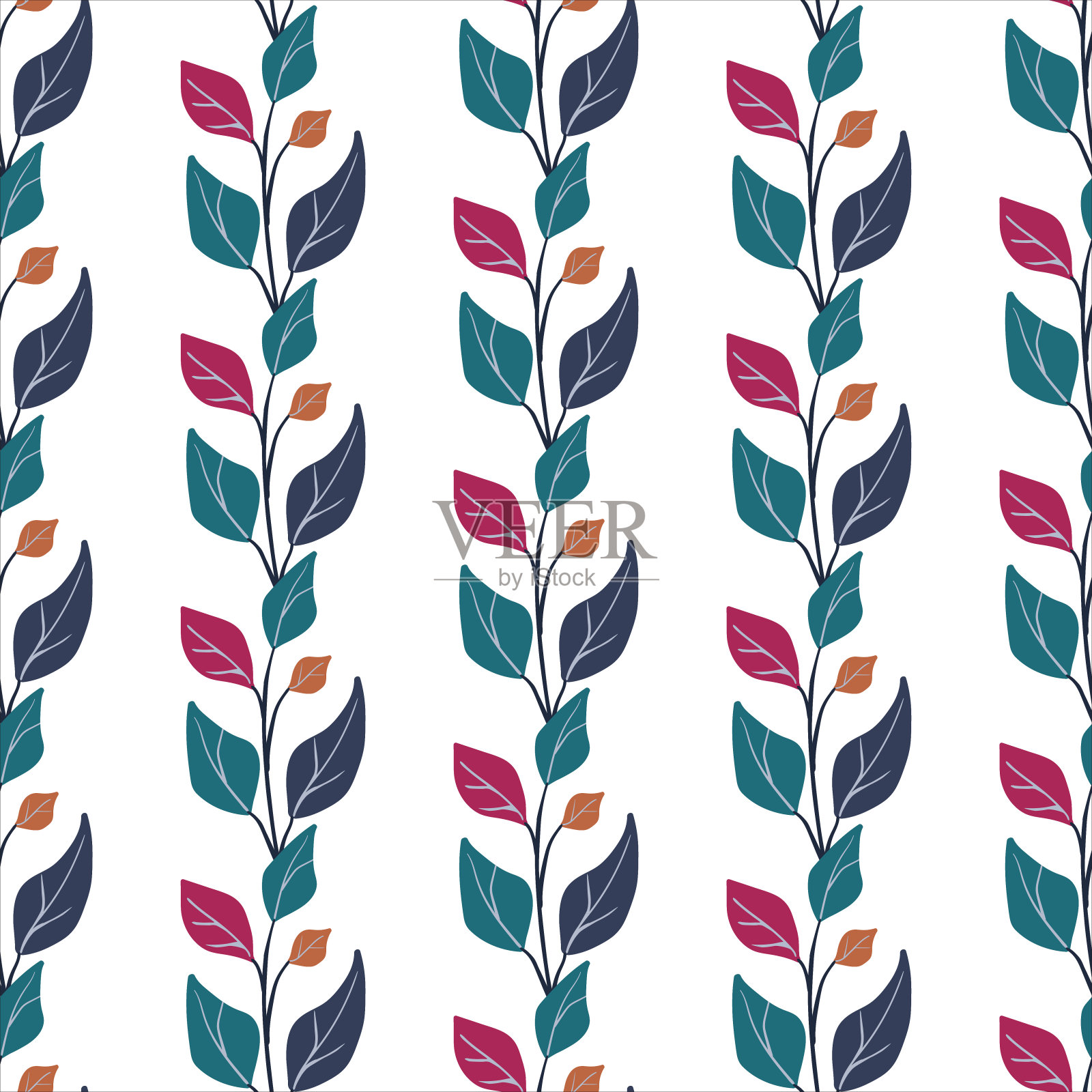 无缝模式。简单的植物。树枝上简单的深绿松石色叶子。白色背景。斯堪的纳维亚风格的装饰。手被淹死。矢量图插画图片素材