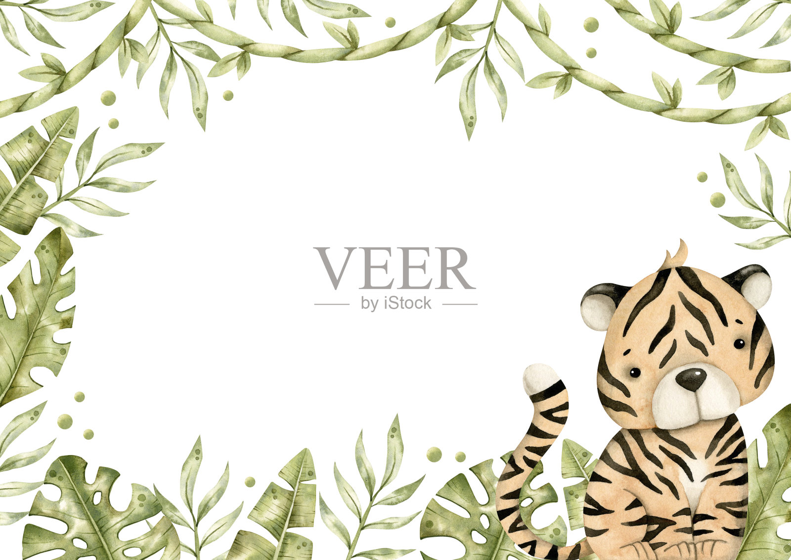 野生动物园水彩手绘插图，框架与小老虎和热带树叶，爬行植物的孩子插画图片素材