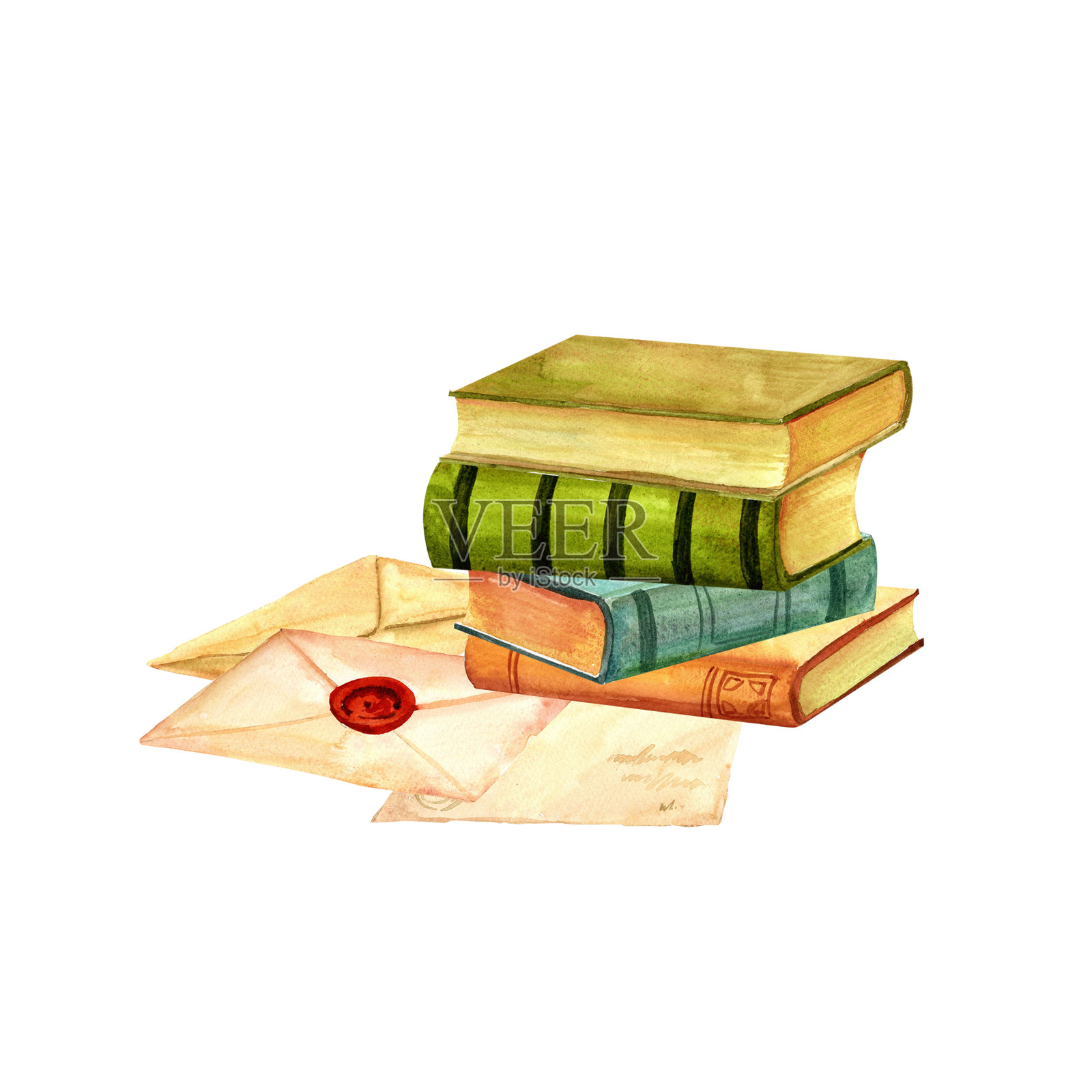 一堆古色古香的旧书，用来阅读诗歌和散文，还有旧的邮政信封，里面装着水彩插图，用来贴贴纸、旅游广告、复古传单和明信片，还有剪贴簿插画图片素材