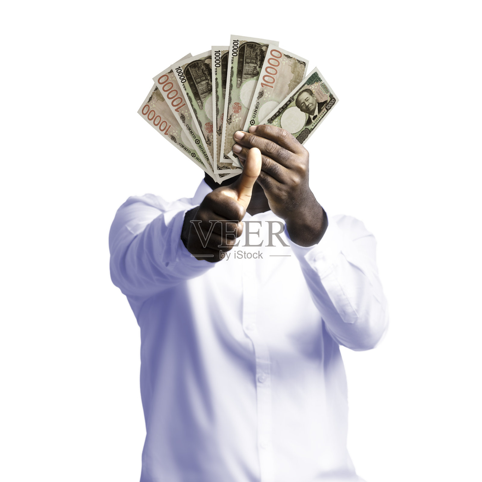 一个黑人拿着日元，对着镜头竖起大拇指。手持日本纸币，3d渲染货币照片摄影图片