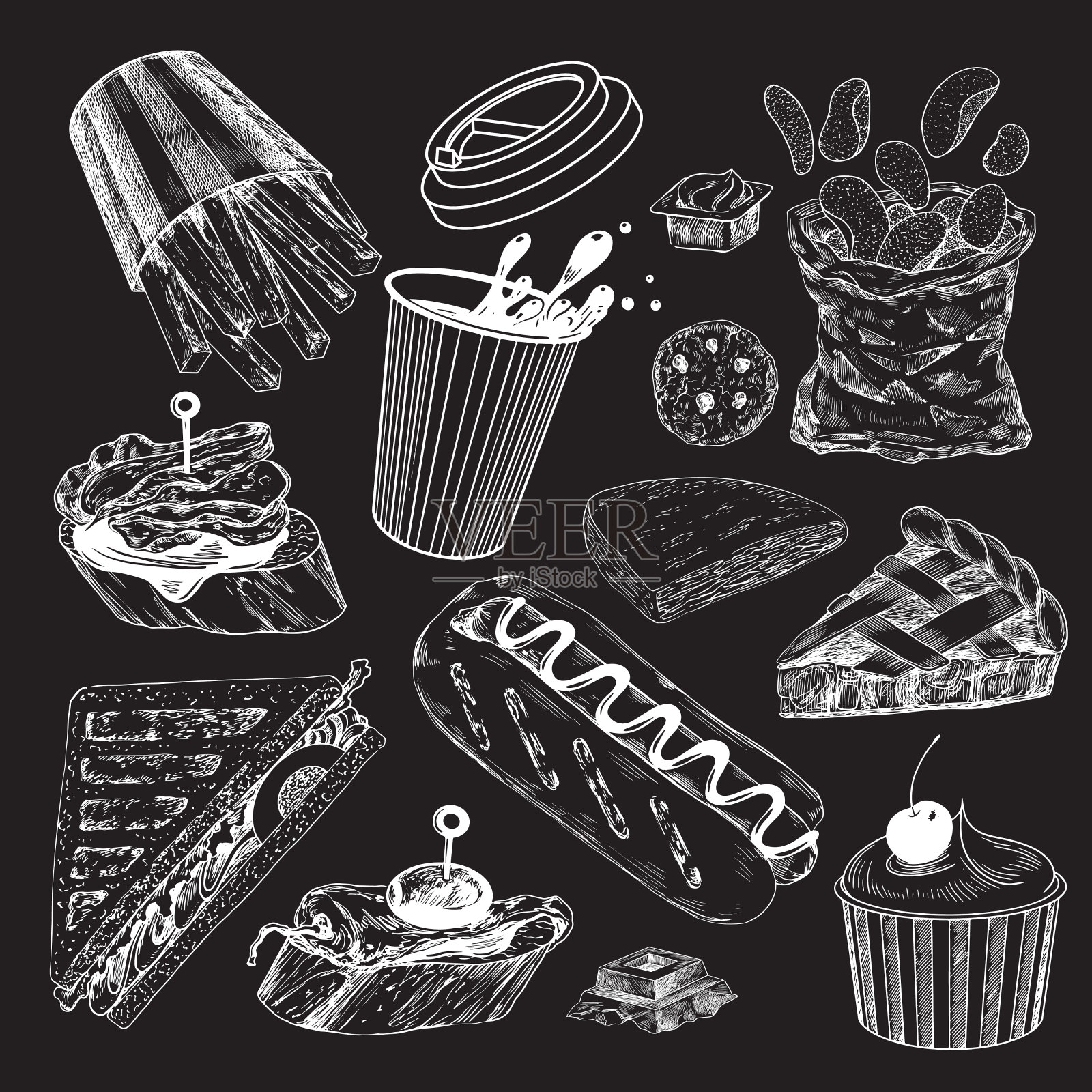 黑板上画的一组快餐插画图片素材