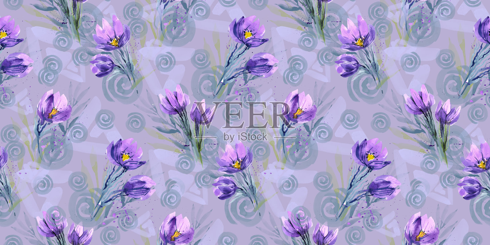 春天的花朵，创意设计与番红花粉紫色的背景插画图片素材