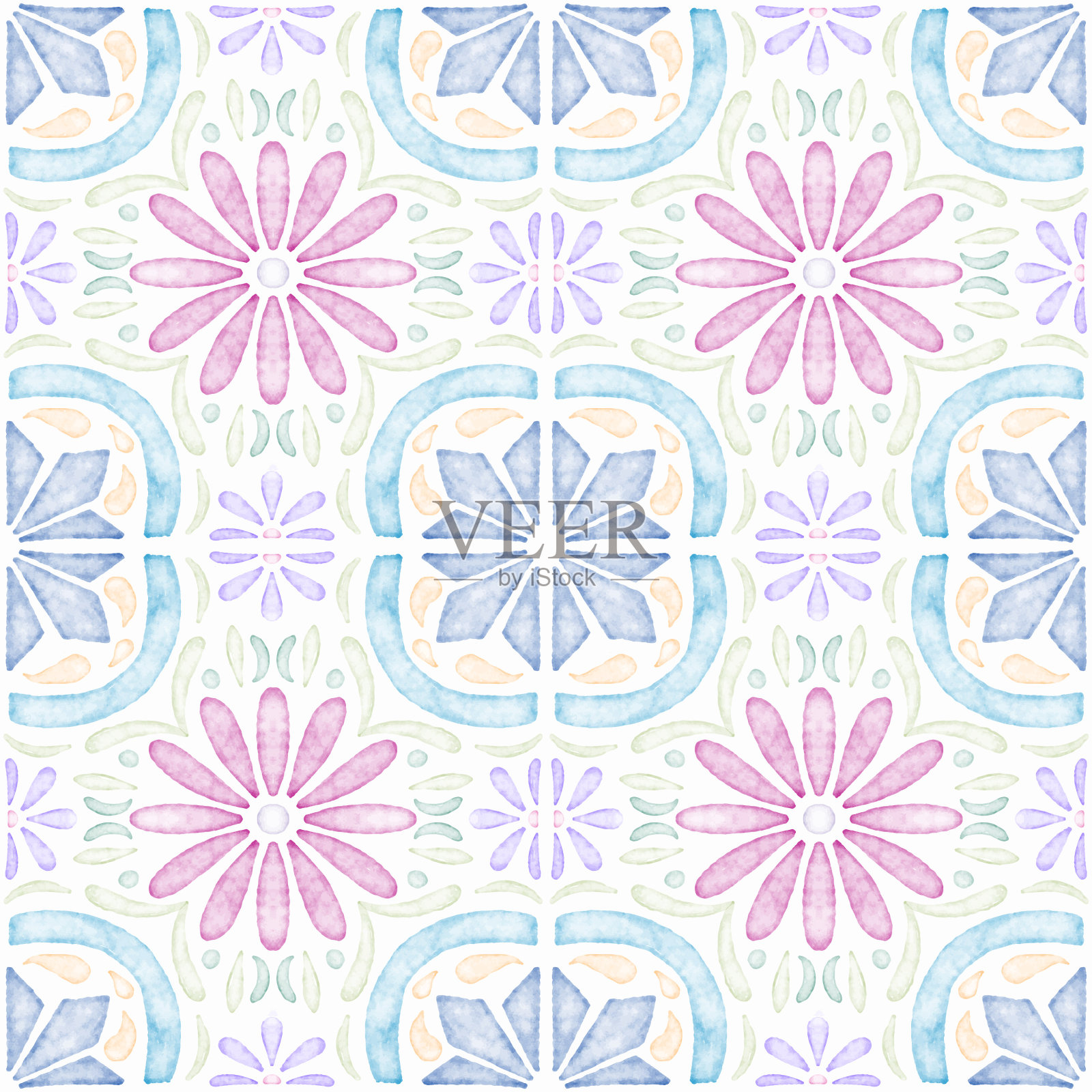 摩洛哥瓷砖背景水彩，无缝图案。多色葡萄牙Azulejo无缝图案。矢量里斯本阿拉伯花马赛克，地中海装饰。插画图片素材