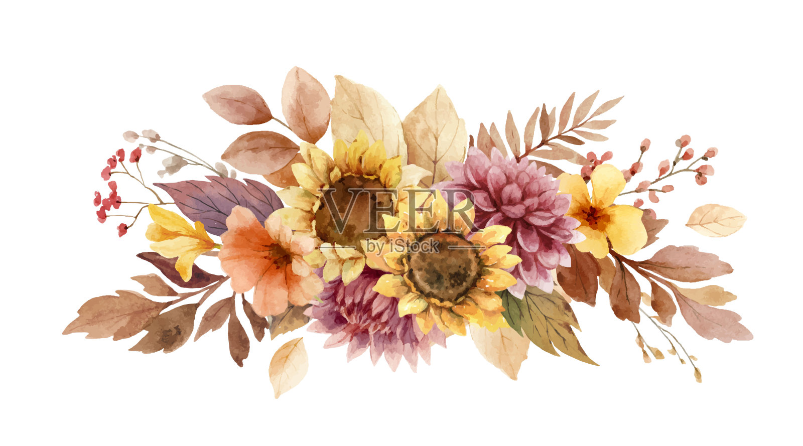 水彩矢量秋天向日葵，大丽花，树枝和叶子的花束。橙色，酒红色和大地色调的花质朴的婚礼设计，贺卡，感恩节装饰。手画。插画图片素材