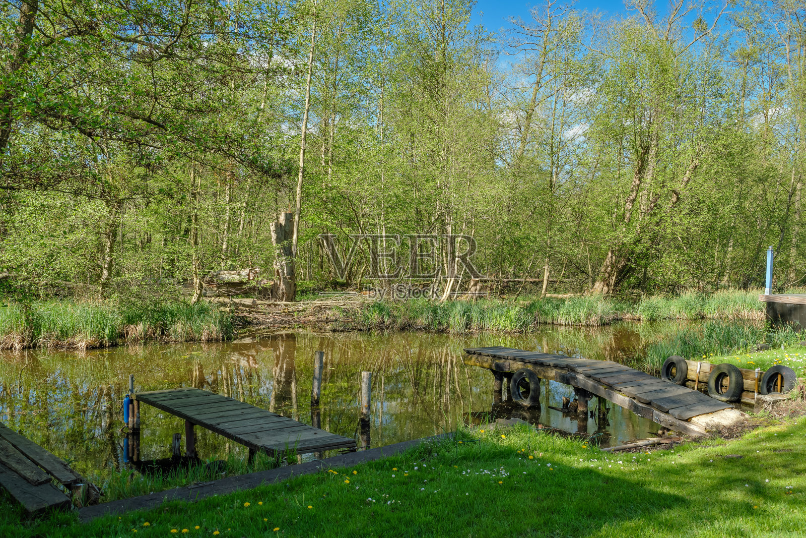 位于春天的“Sommerfelder Luchgraben”沟的码头，位于“Kremmener See”湖以南。照片摄影图片