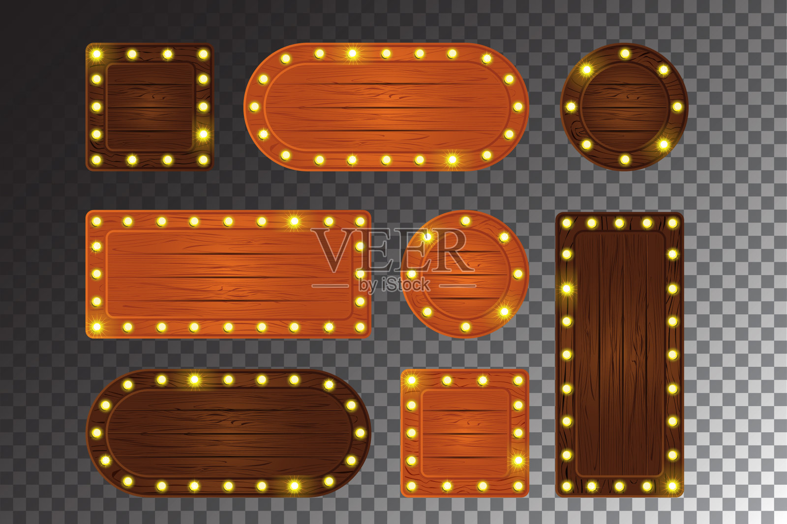 橙色和橡木木灯泡光游戏板卡通向量ui设计。字幕木纹理招牌按钮模板设置质朴的维加斯标签。剧院或百老汇的霓虹灯广告牌。插画图片素材