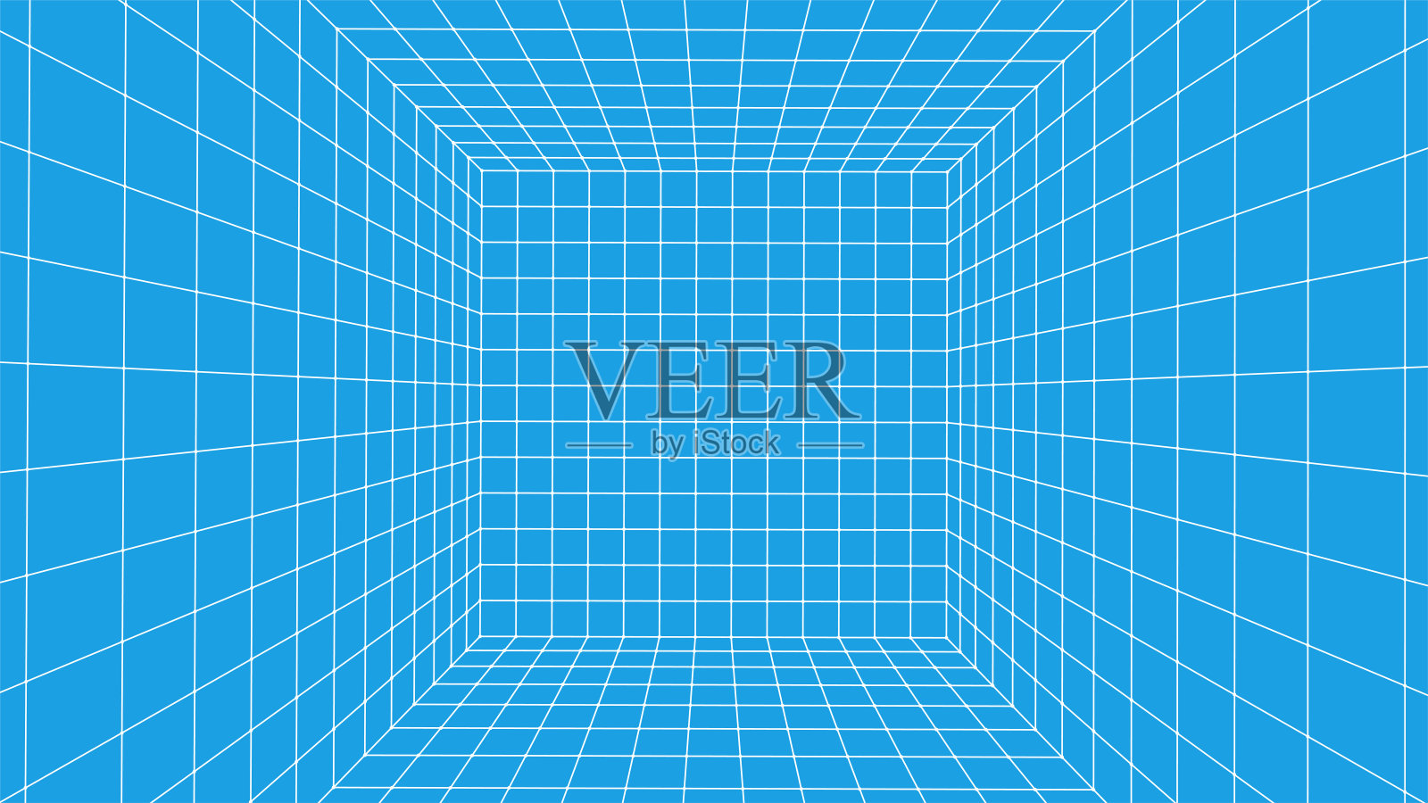 三维线框图室。透视激光网格。透视室内设计的模板。网络空间蓝色背景与白色网格。插画图片素材