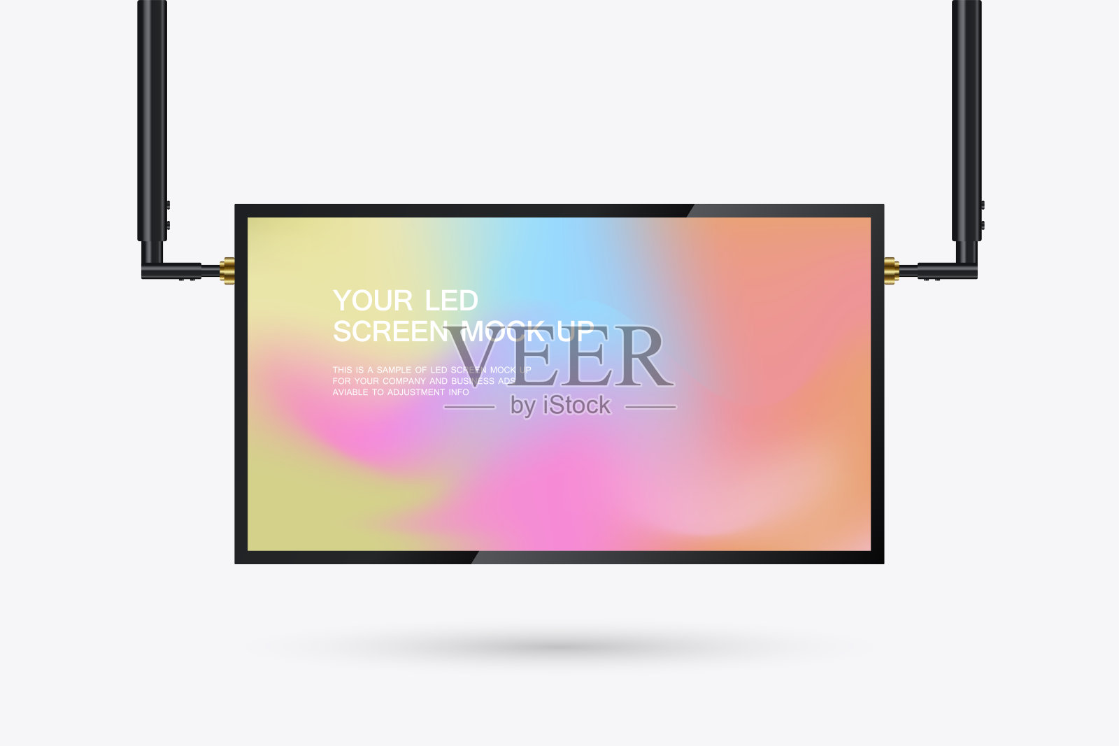 在现实屏幕灯箱的3Ds悬挂LED屏幕模型。这是一个悬挂式的LED屏幕模型，白色背景上有光滑的黑色边框插画图片素材