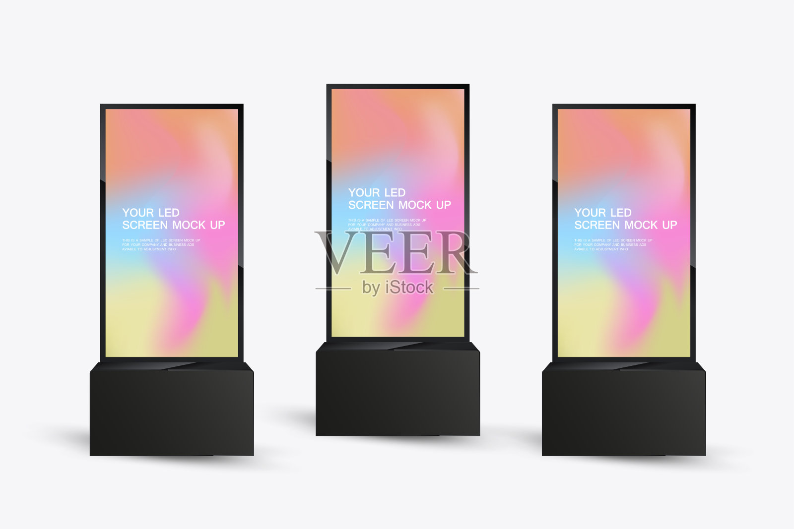 一组三个LED屏幕模型在现实屏幕灯箱的3Ds。彩色的LED屏幕模型，光滑的黑色框架，白色背景插画图片素材