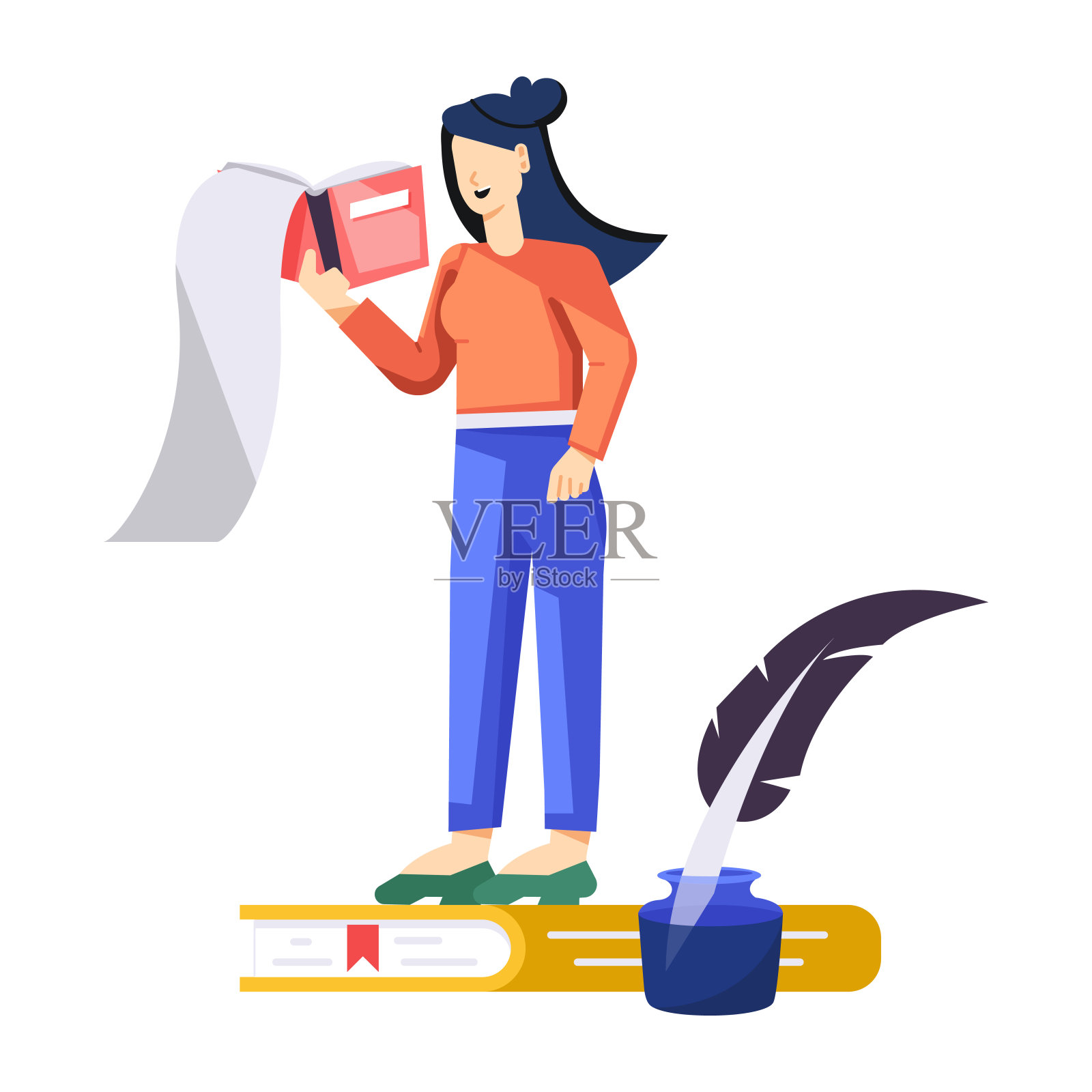 一个扁平的人物插图，一个女孩和她的书单插画图片素材