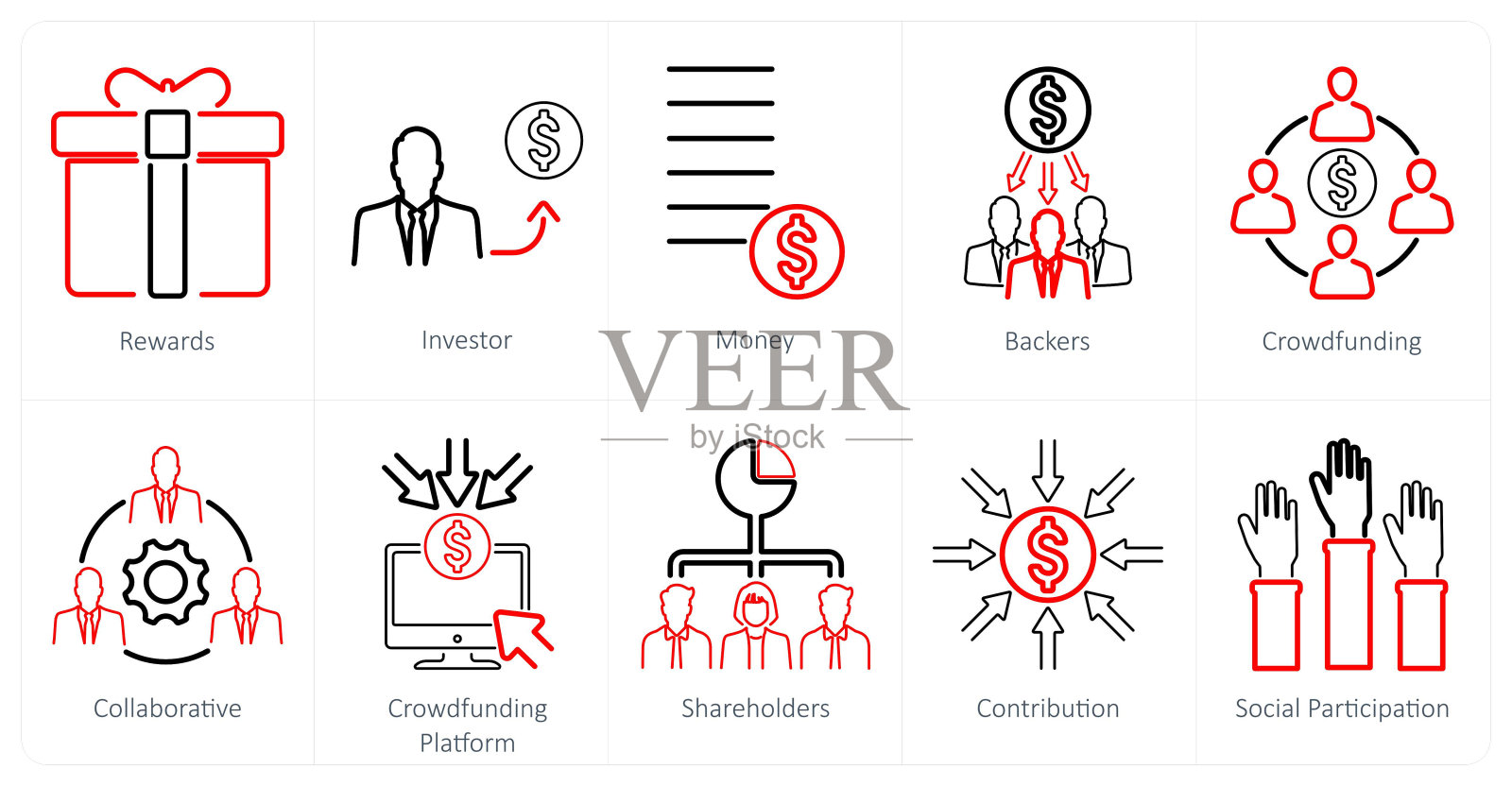 一组10个众筹图标作为奖励，投资者，资金插画图片素材