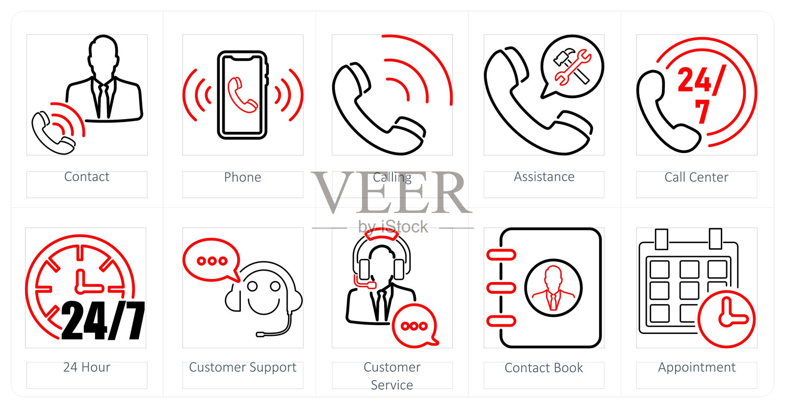 一组10个联系人图标作为时钟，呼叫中心，24小时插画图片素材