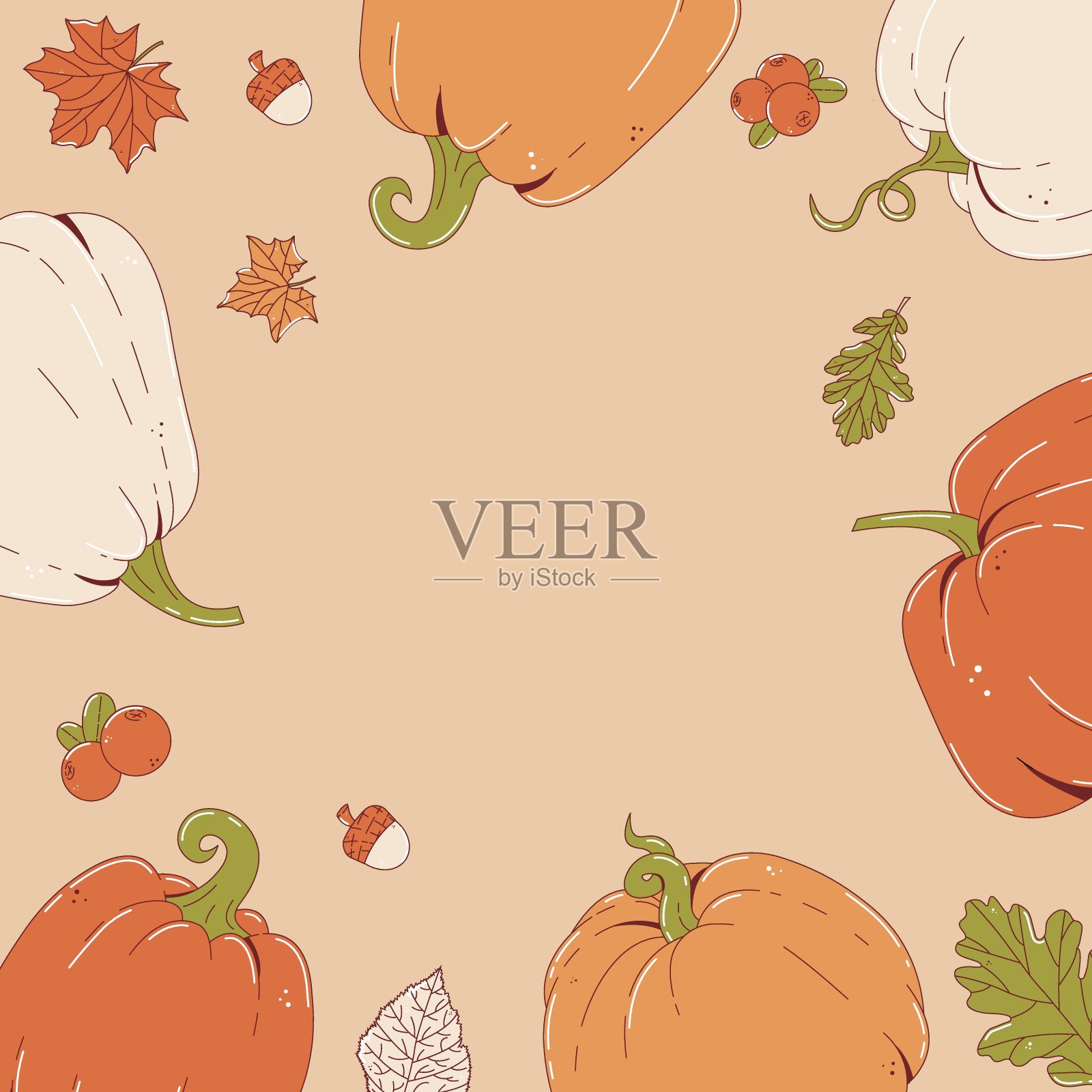 感恩节快乐的背景用空白的空间为你设计。节日框架与秋叶，南瓜，蔓越莓和橡子。秋季卡。平面矢量图插画图片素材