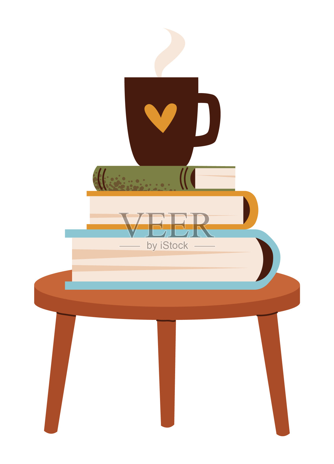 咖啡桌上的一摞书和一杯热饮。平面矢量插图隔离在白色背景。插画图片素材