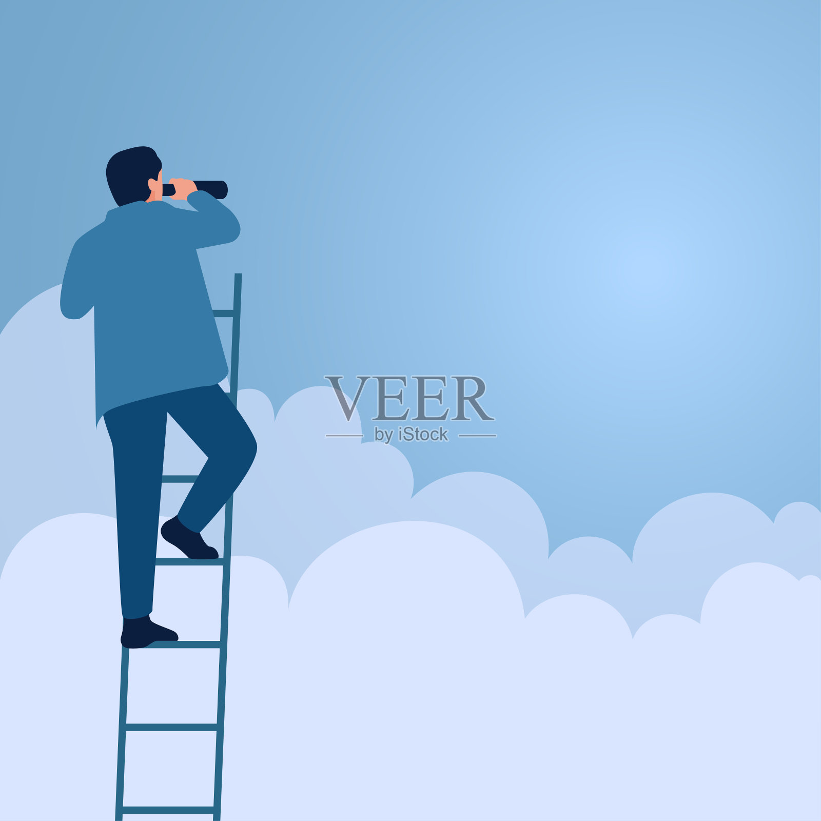 一个人通过爬梯子来观察天空，这是视觉的一个例证。插画图片素材
