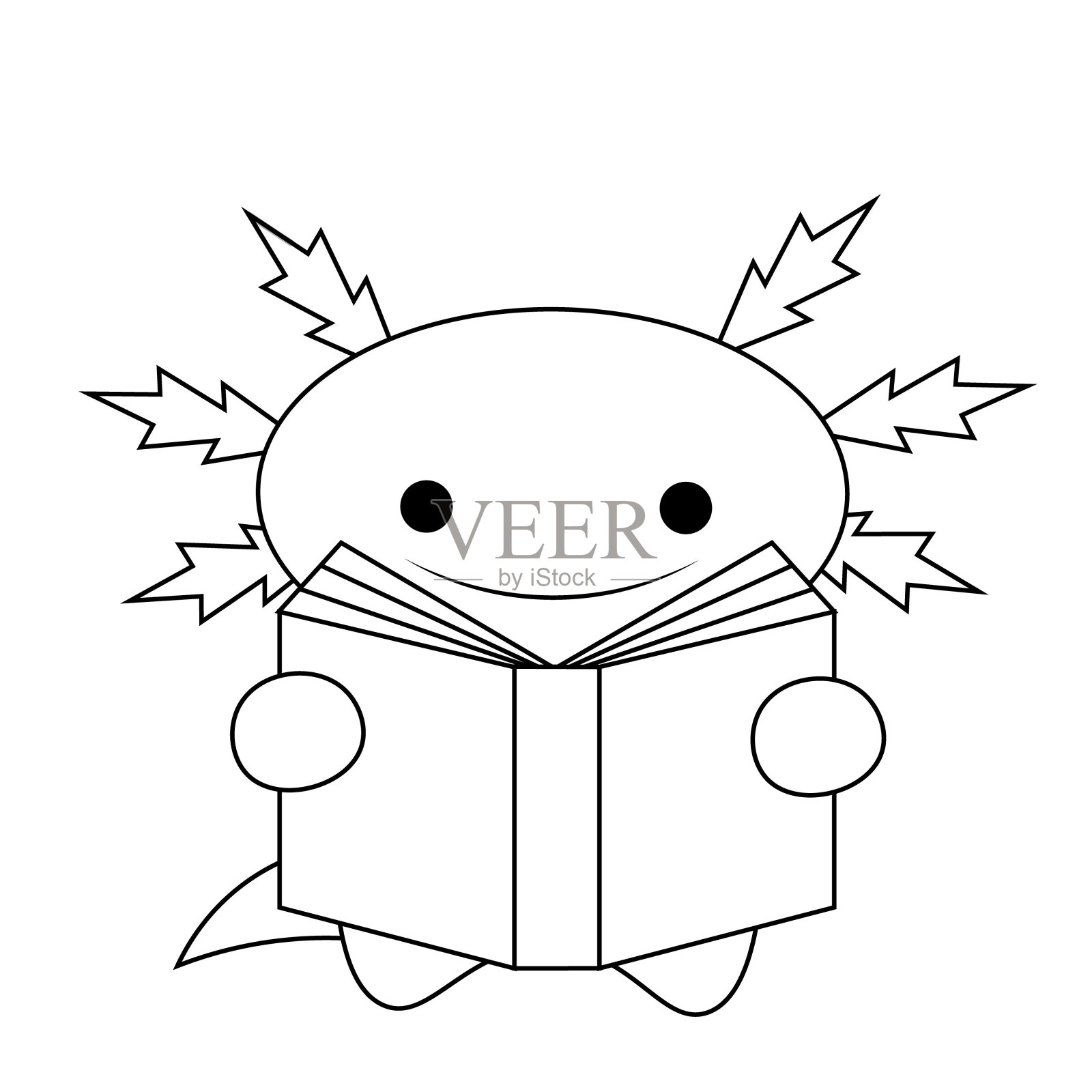 可爱的卡通蝾螈与书在黑色和白色插画图片素材