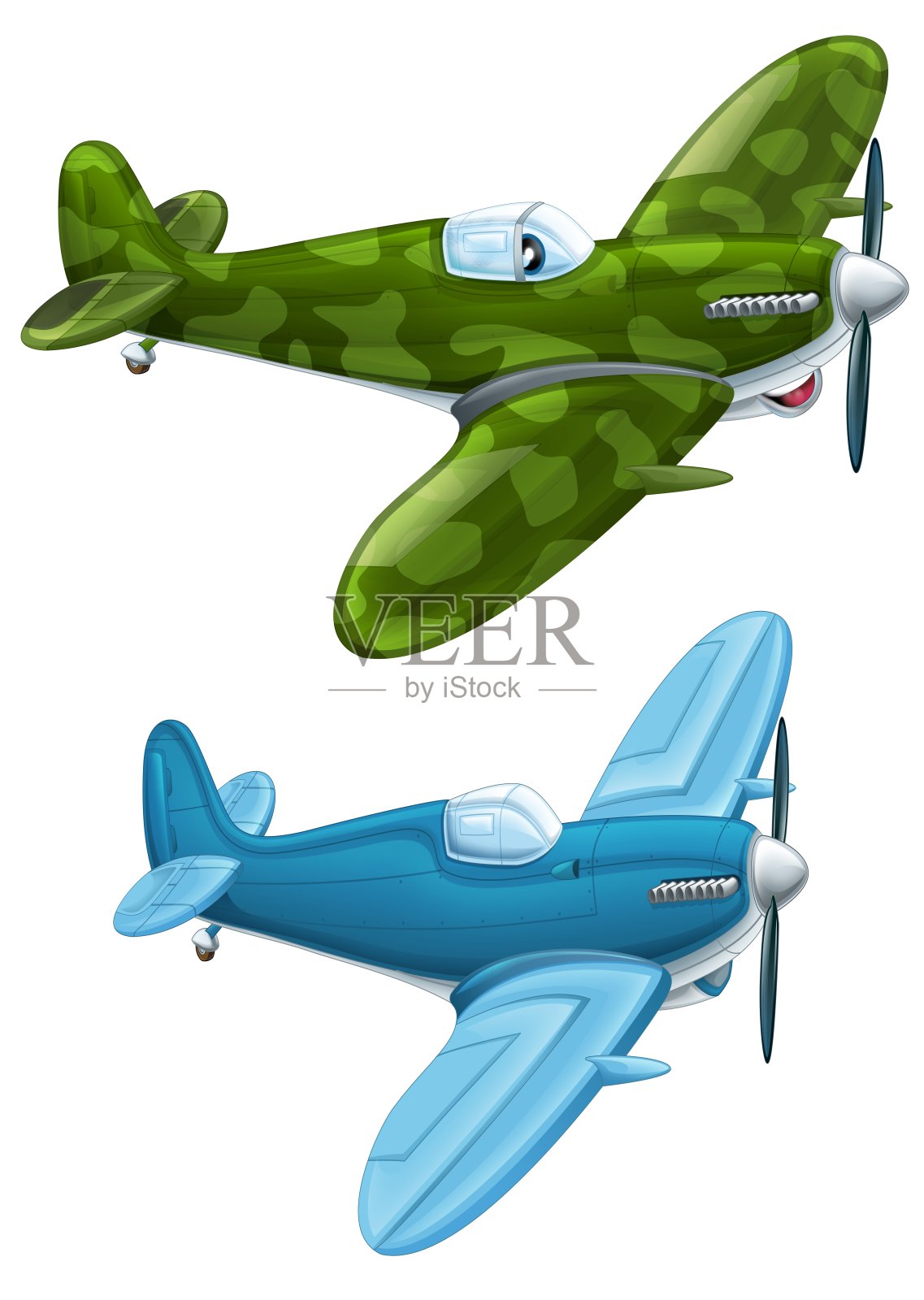 卡通快乐的传统飞机与螺旋桨飞行在白色背景插图的孩子插画图片素材