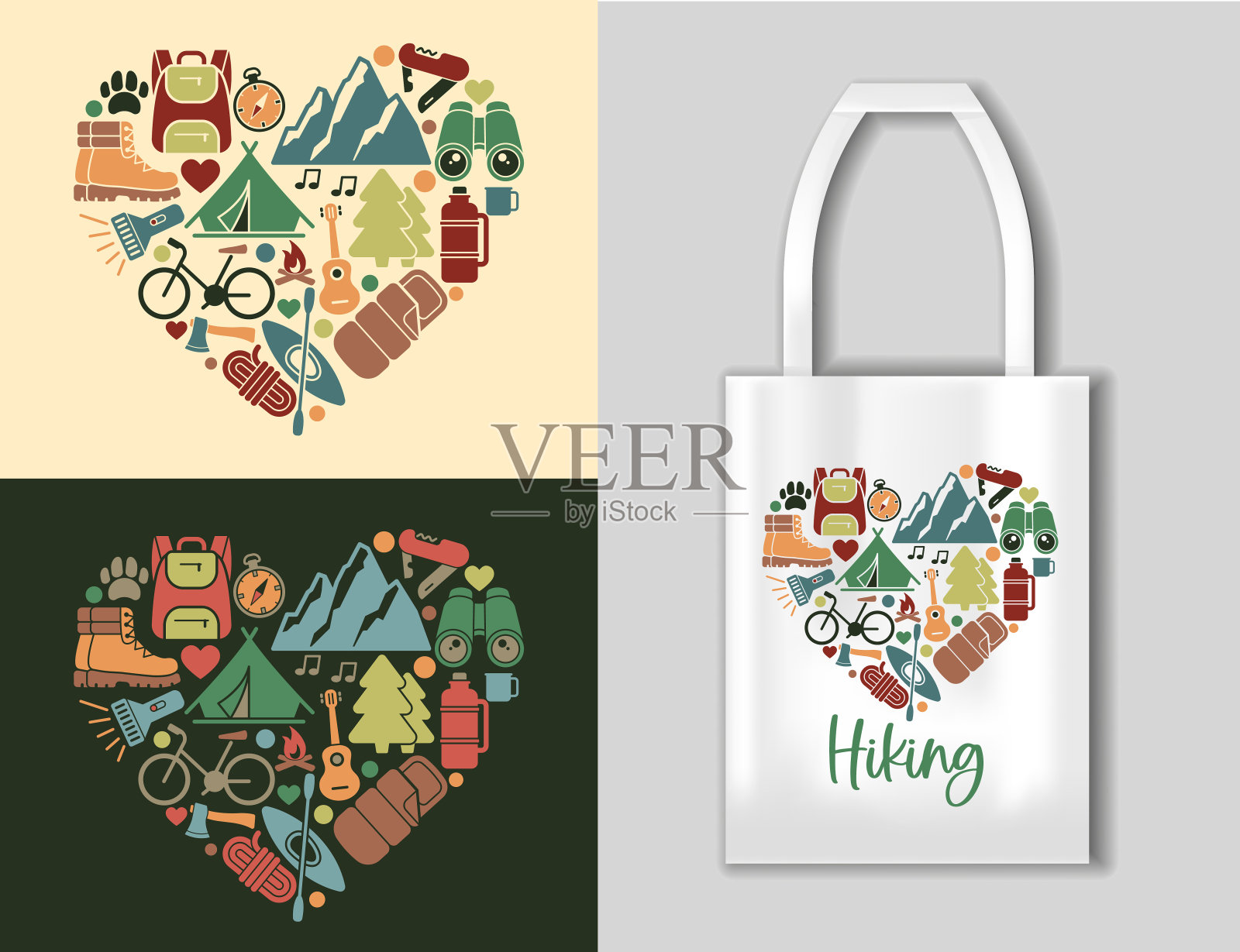 扁平的心形图标以徒步旅行和户外休闲为主题。远足概念与手提袋插画图片素材