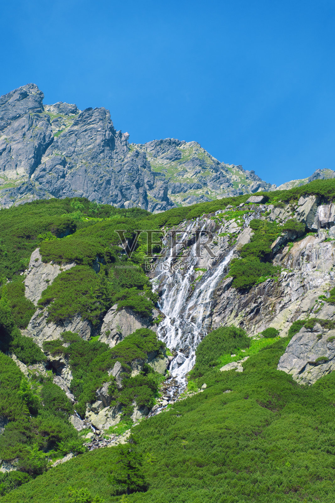 瀑布沿着山坡流下来。波兰塔特拉山脉美丽的夏季景观。照片摄影图片
