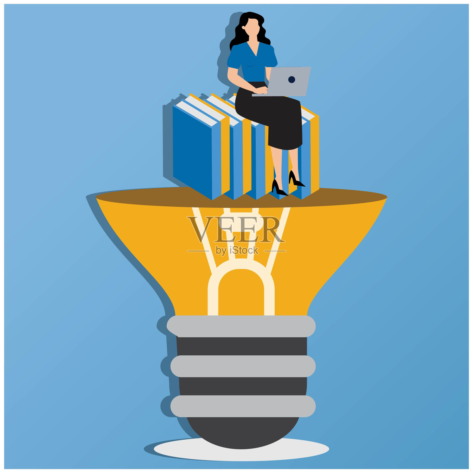 创意和教育概念插图，女商人使用笔记本电脑坐在灯泡上，知识和创意商业概念插画图片素材