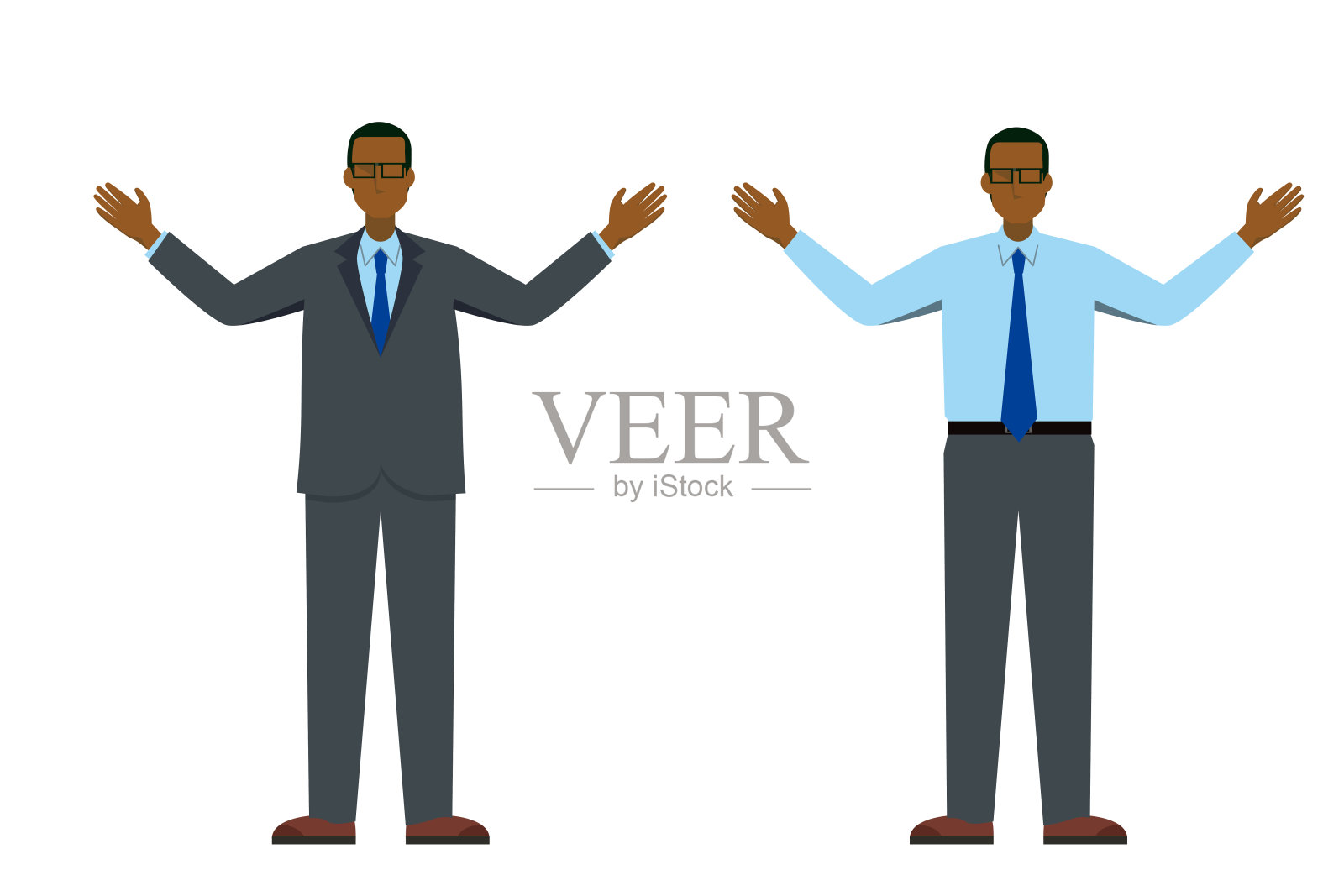 一组8头-身体-身体-身体平面设计的姿势插图，黑人男性商人举起双手。插画图片素材