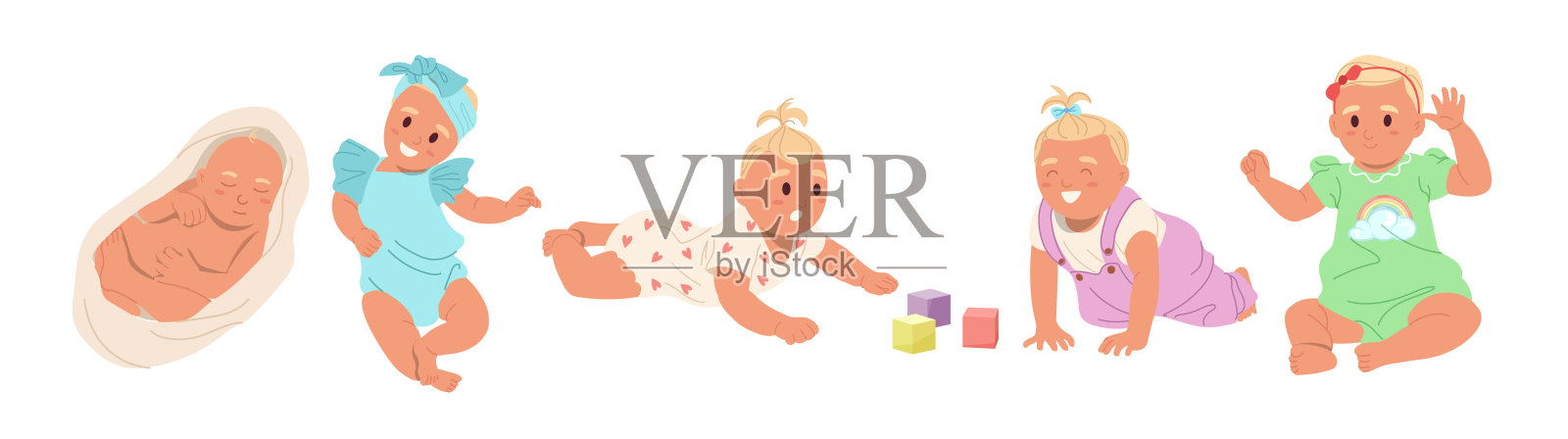 新生婴儿的卡通人物睡觉和玩玩具设置孤立的白色背景插画图片素材