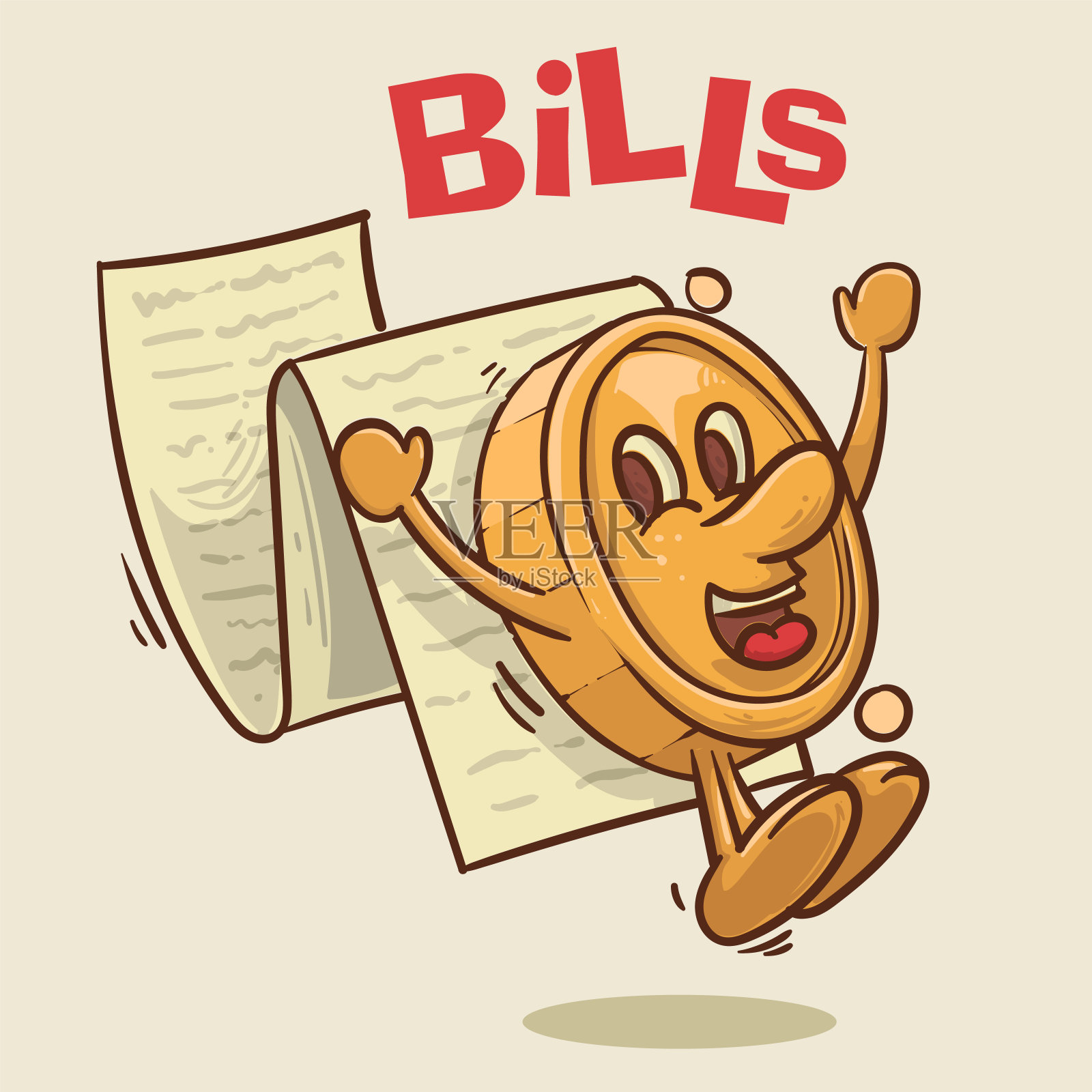 票据的概念。闪亮硬币吉祥物滑动的票据票据概念。复古风格的钱吉祥物卡通人物矢量插图插画图片素材