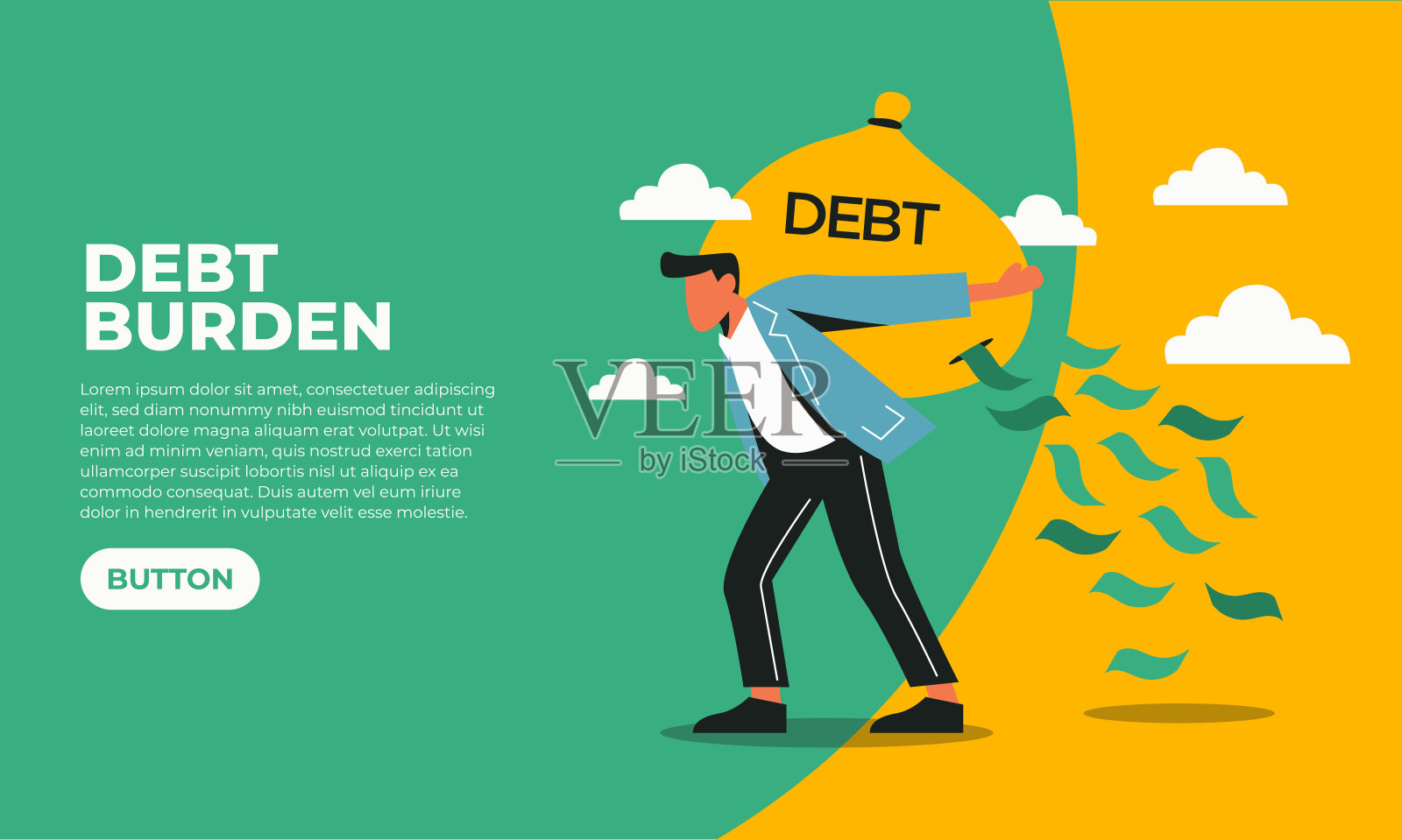 债务负担网页滑块背景，财务紧张，金钱损失和经济压力，挣扎与高债务和财务困难的概念，商人背负沉重的债务袋失去了钱插画图片素材