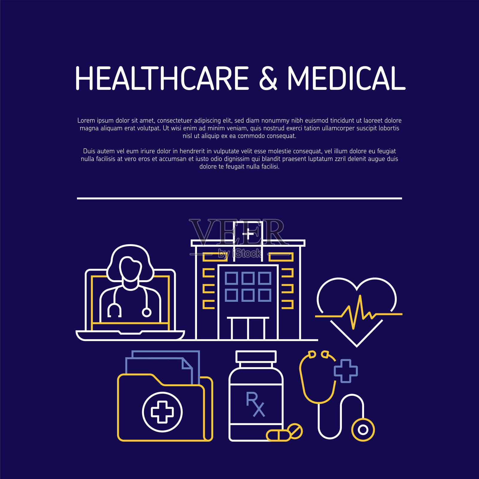 医疗保健和医疗相关的线横幅设计。医院，医生，急诊，内科，外科插画图片素材