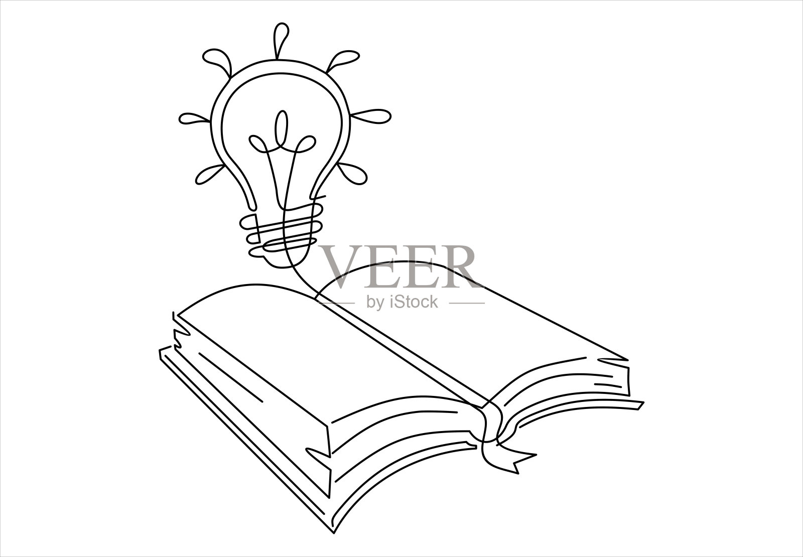 一单线画闪亮的灯泡上方打开课本的标志标识。连续线绘制设计图形矢量插图插画图片素材