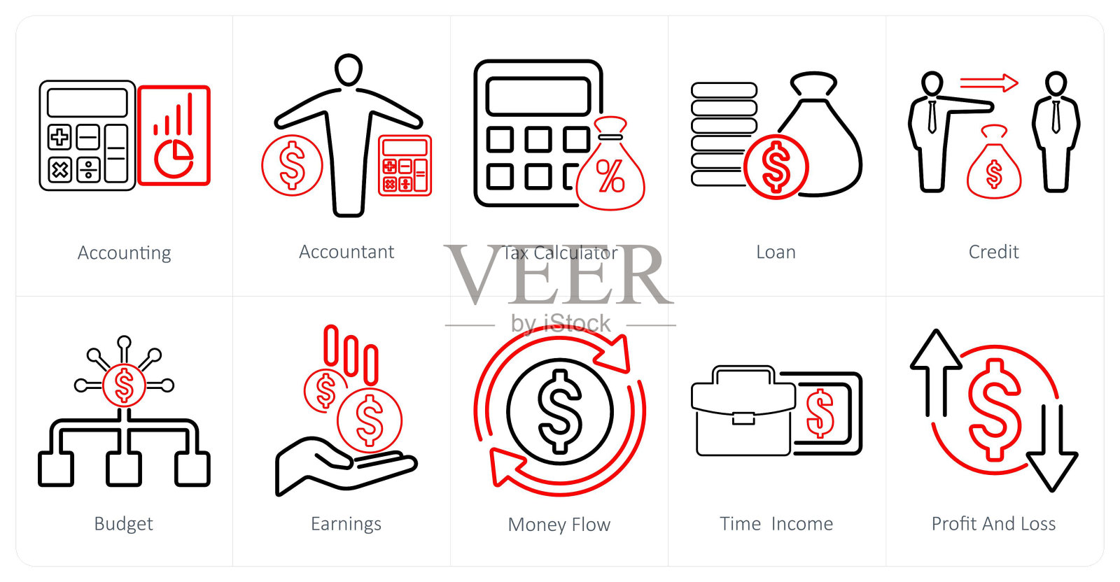一套10个会计图标作为会计，会计，税务计算器插画图片素材