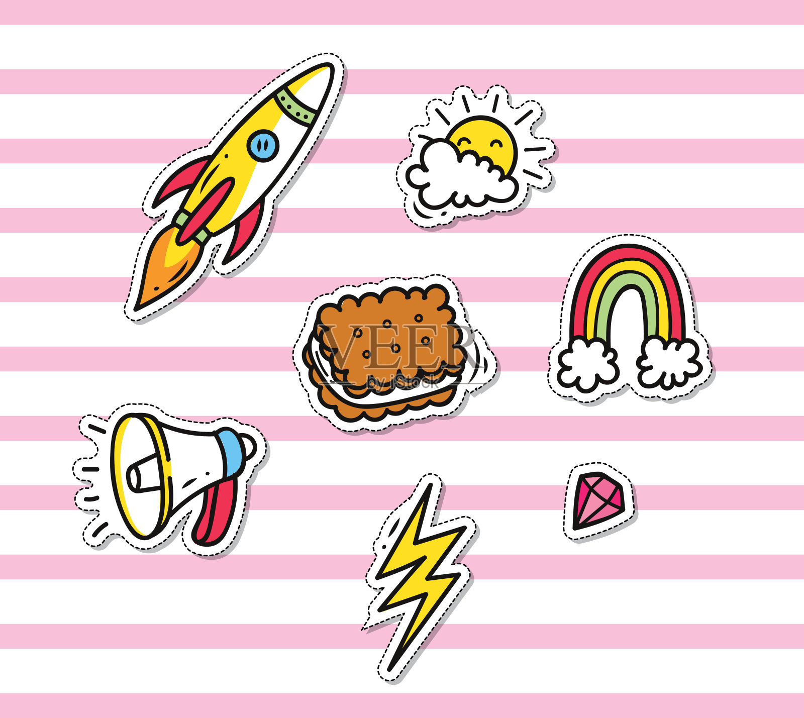 粉红色条纹背景上的可爱时尚补丁集插画图片素材
