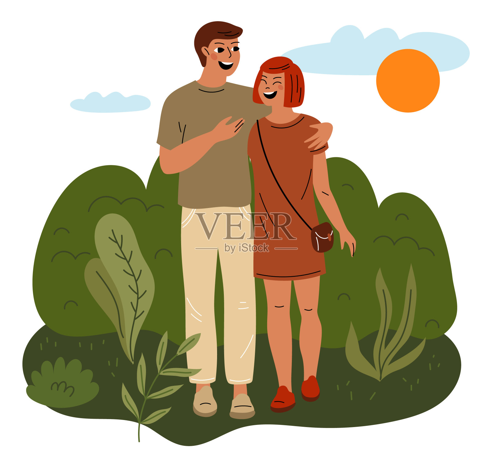 几个不同的天气。在公园里浪漫地散步。恋爱中的男孩和女孩。年轻的家庭。拥抱男人和女人。夏天的本性。情人拥抱。快乐的人。朋友的拥抱。向量的概念插画图片素材