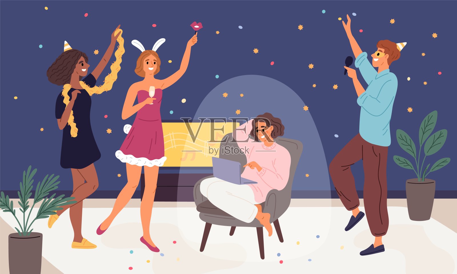 朋友聚会。外向者和内向者。带着笔记本电脑的内向女孩。节日的庆祝活动。与人隔绝。沟通和乐趣。向内的思想取向。格里什矢量概念插画图片素材